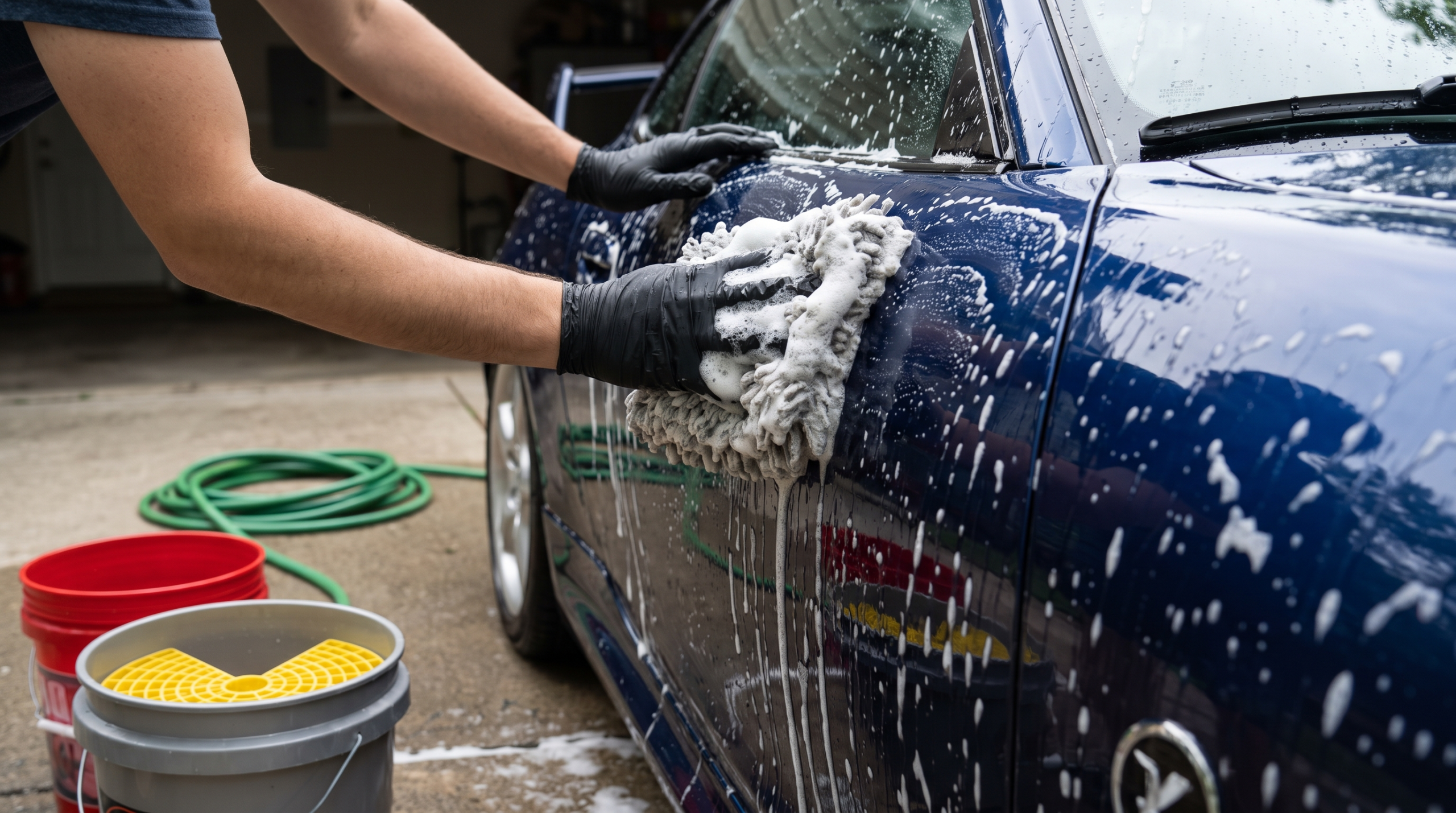 Gloved hands hand-washing a dark sports car with two buckets and grit guards beside it