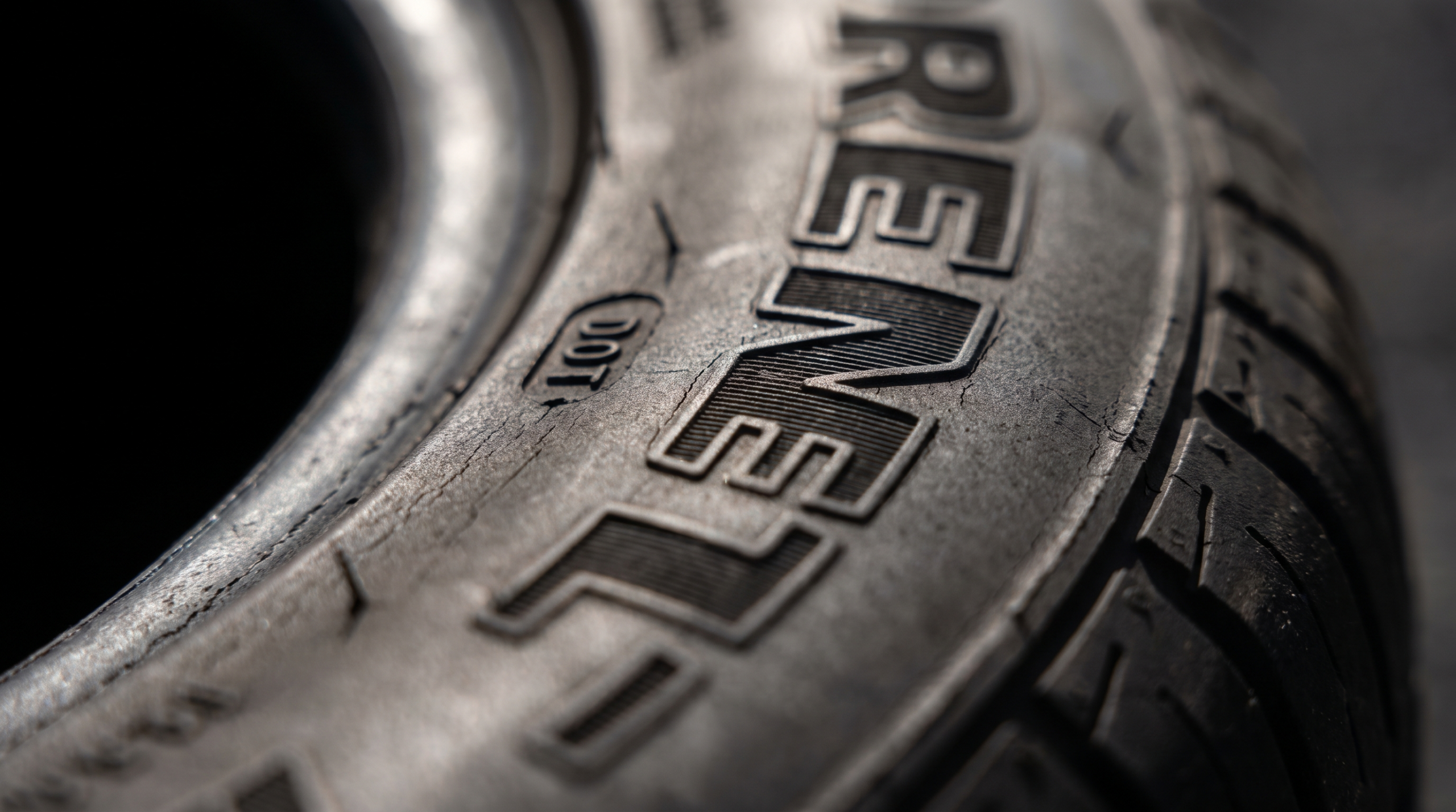Close-up of a performance tyre sidewall showing the moulded DOT date code stamp
