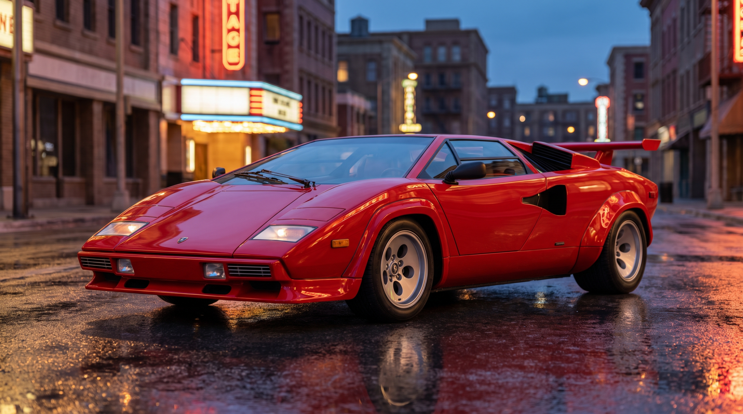Exotic car design in the 1980s: a red wedge-shaped supercar with pop-up headlights on a rain-slick street