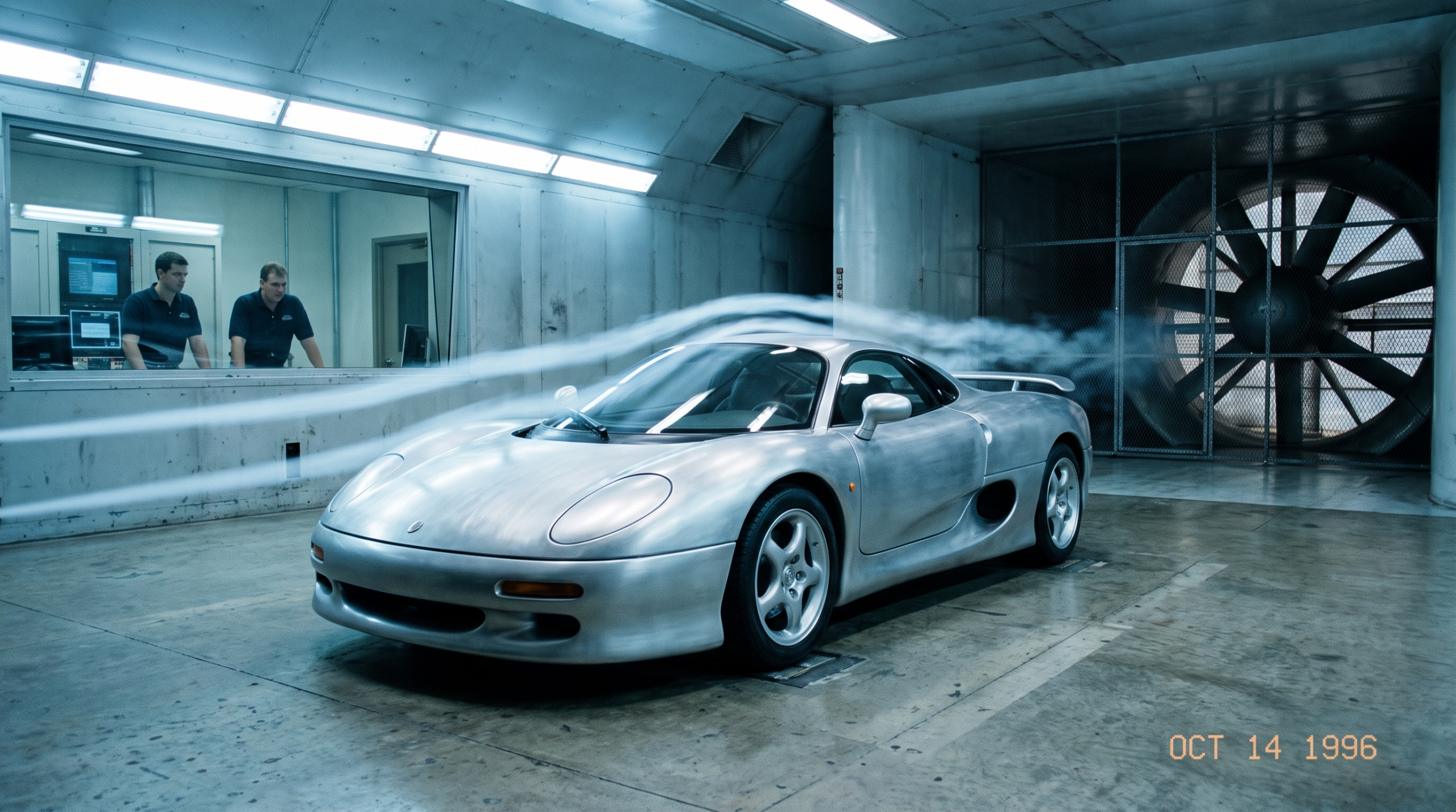 Exotic car design in the 1990s: a silver supercar in a wind tunnel with smoke streamlines over its bodywork