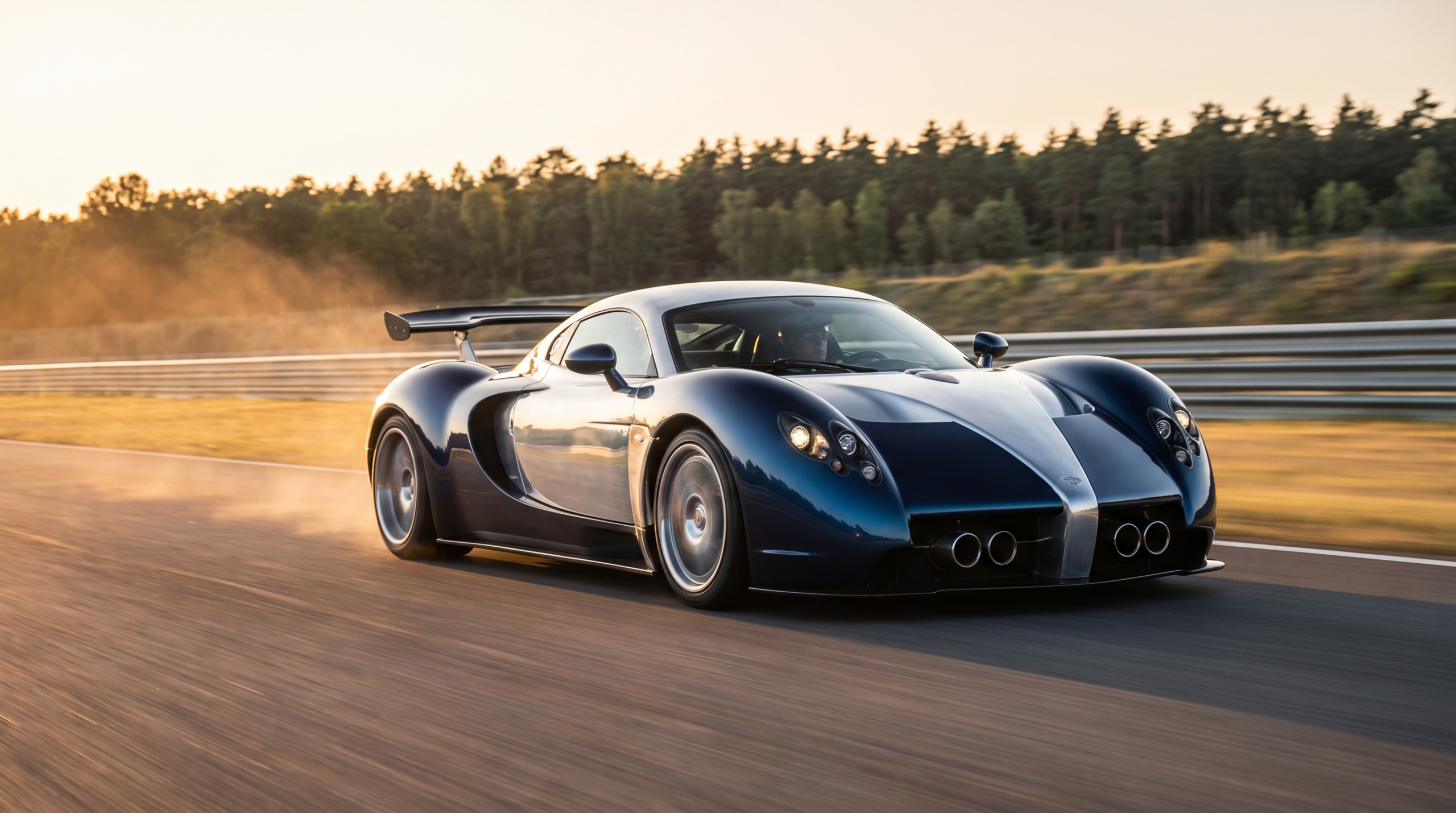 Exotic car design in the 2000s: a two-tone hypercar at speed on a high-speed test track