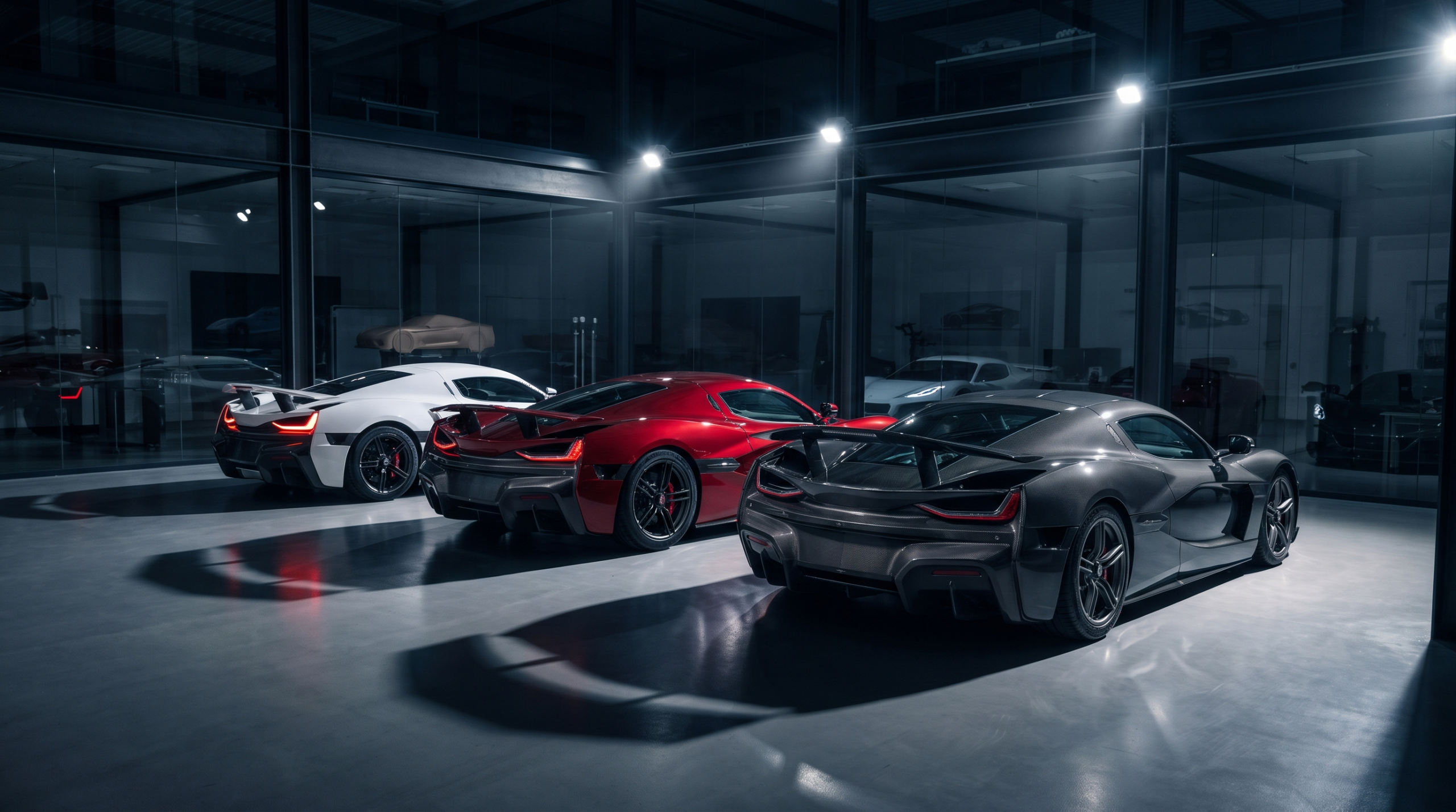Exotic car design in the 2010s: three carbon-fiber hybrid hypercars with active rear wings in a design studio