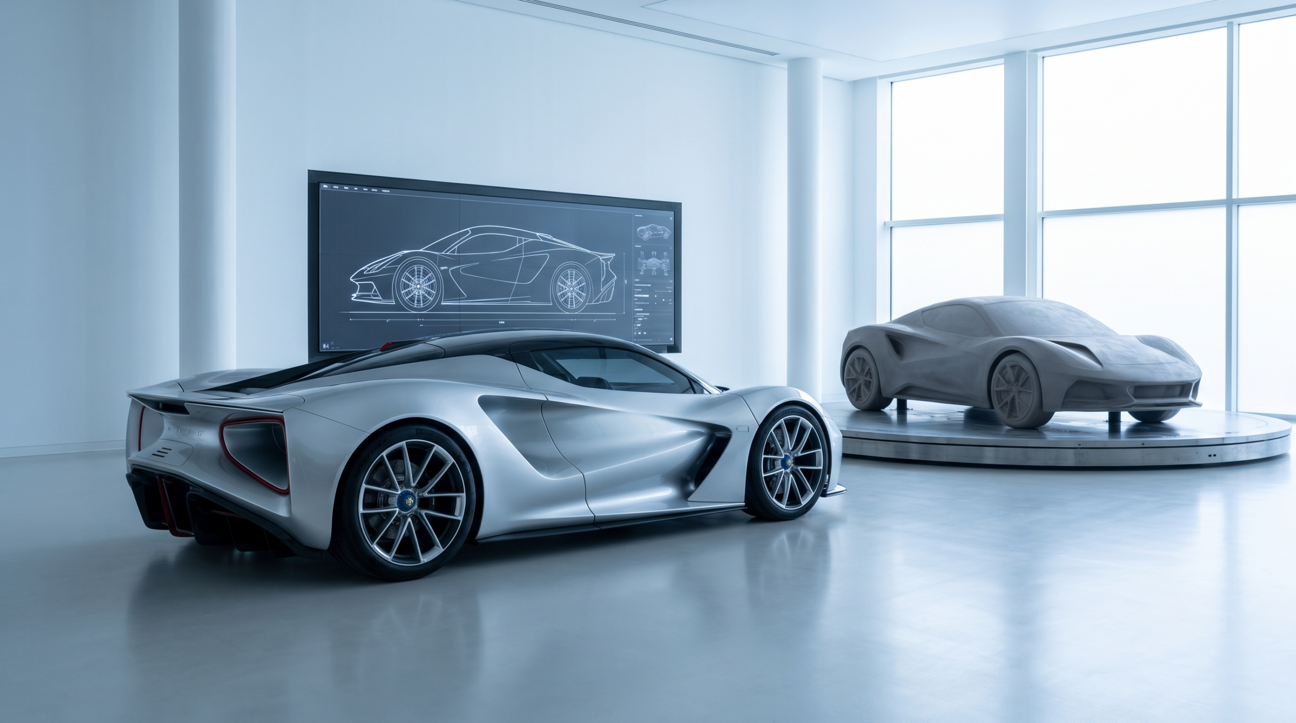 Exotic car design today: an electric hypercar with venturi airflow tunnels beside a full-size clay design model
