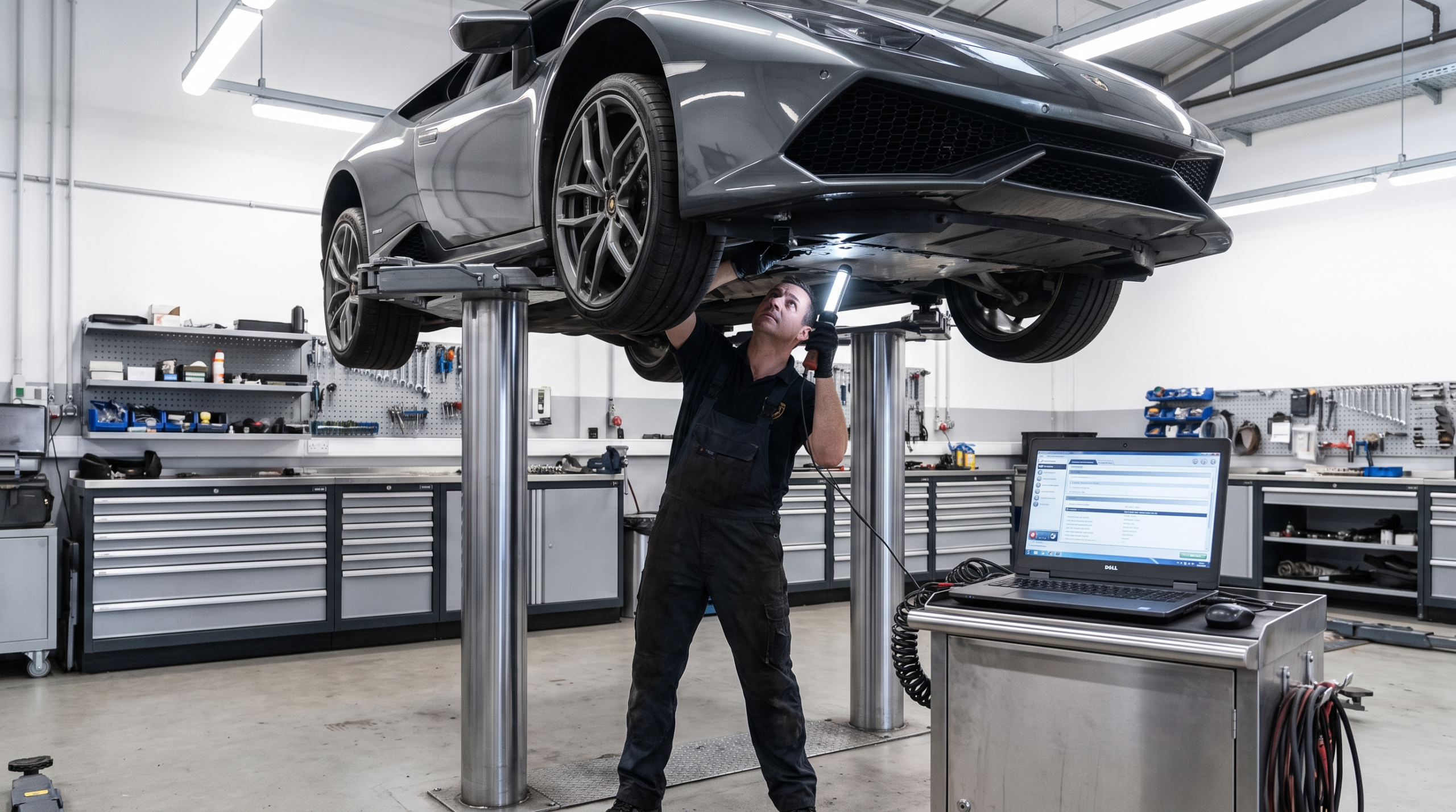 Pre-purchase diagnostic inspection of a Lamborghini Huracán on a lift