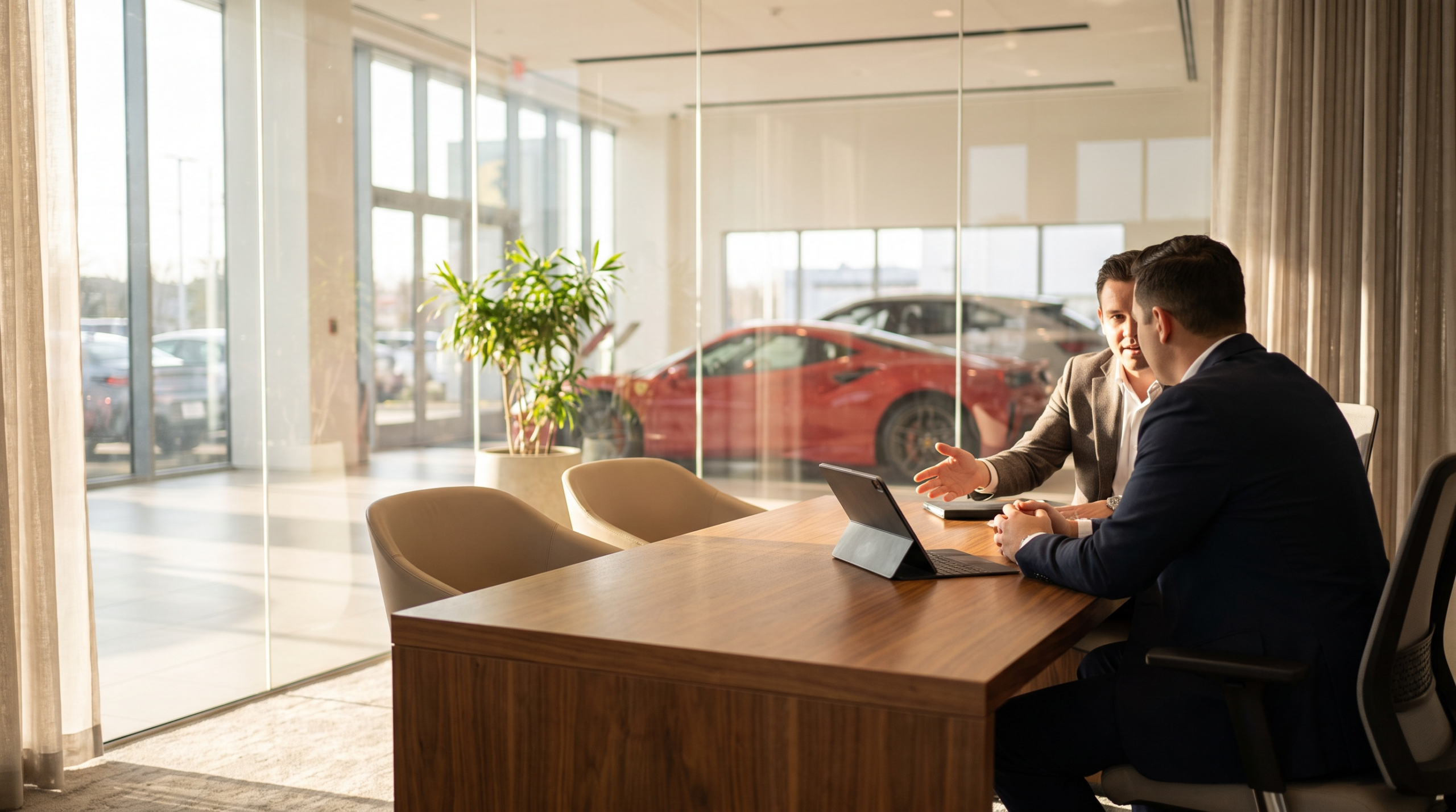 Exotic car financing discussion in a dealership finance office with a supercar showroom behind