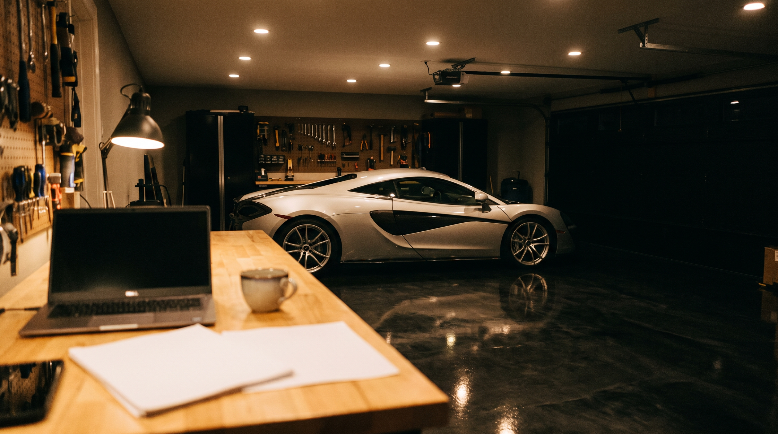 Exotic car financing planning: a supercar in a private garage beside a workbench with a laptop