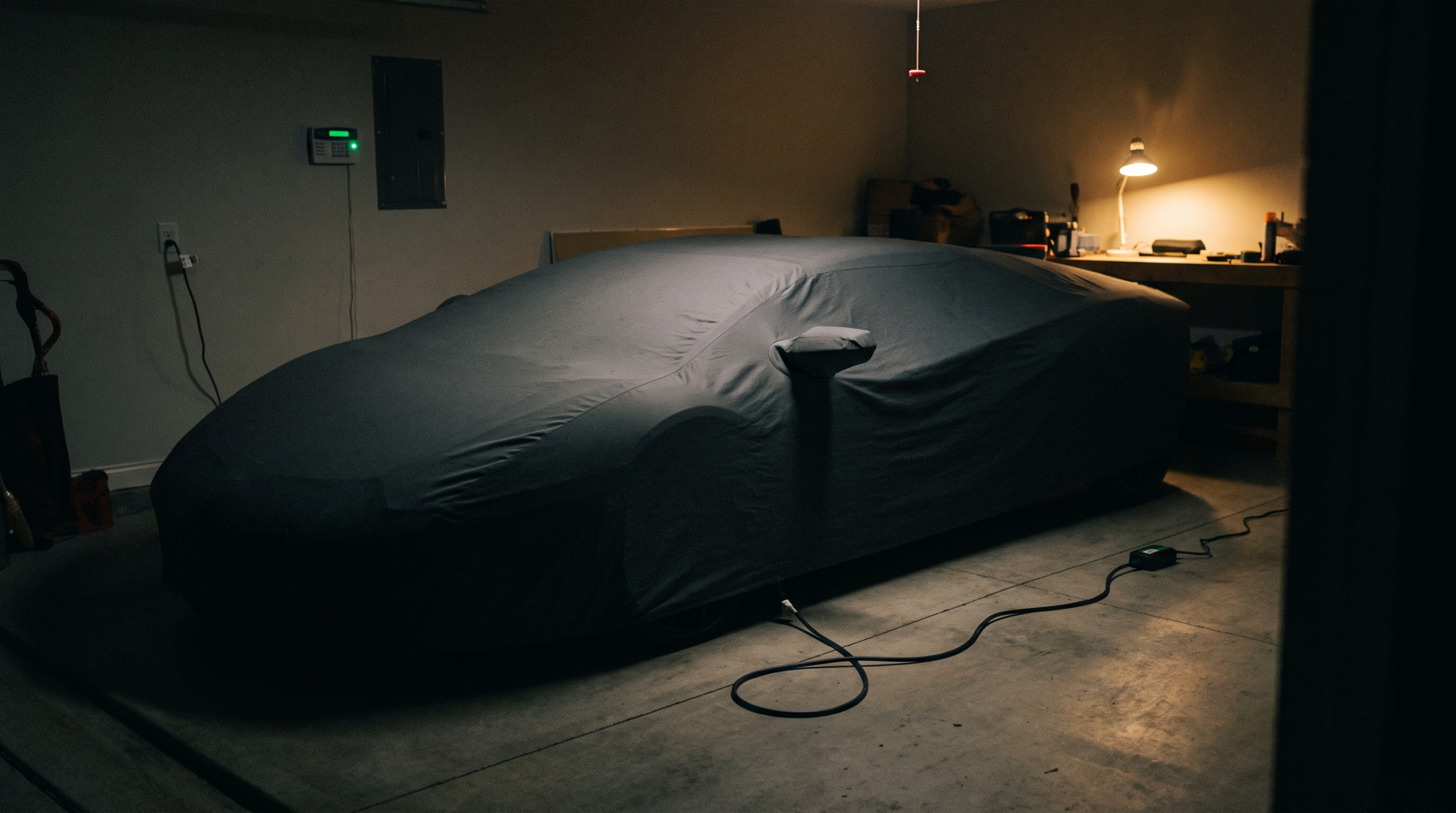 Exotic car financing protection: a covered supercar in a secure garage with an alarm panel lit