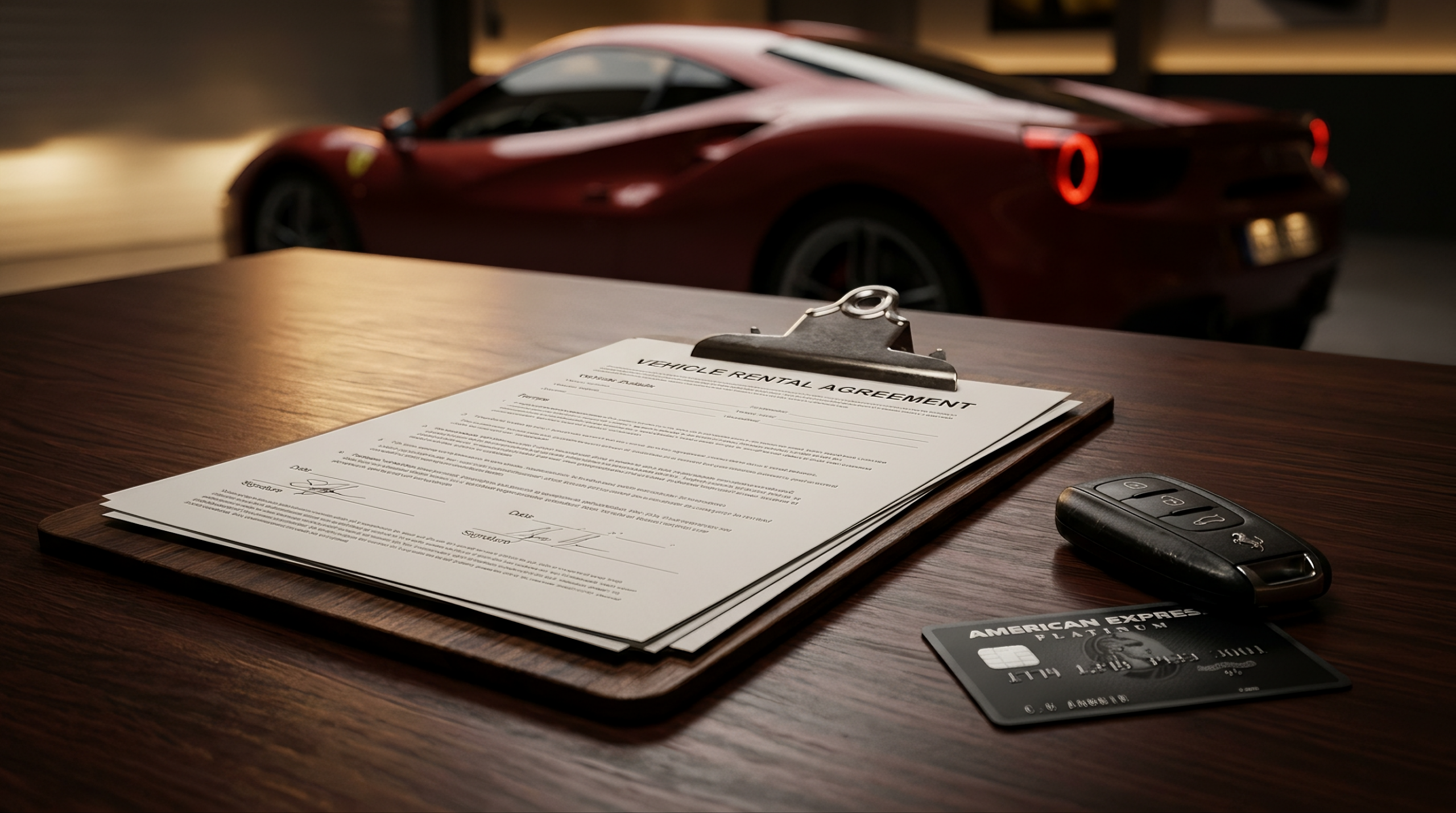 Exotic car rental agreement, key fob and credit card on a desk