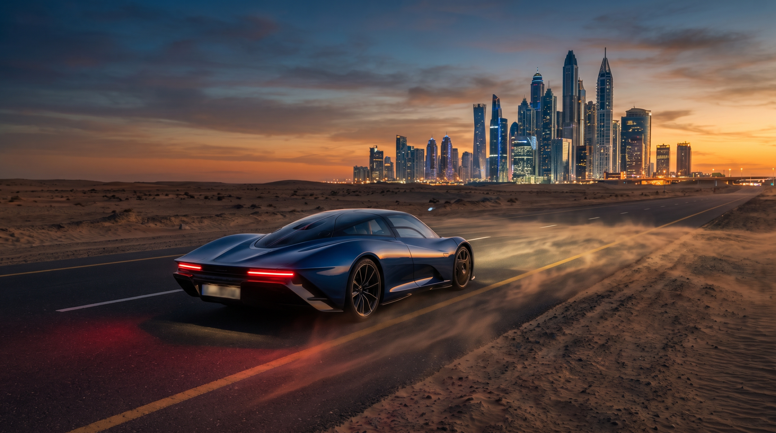 Dark blue supercar on a desert highway with a modern skyline in the distance