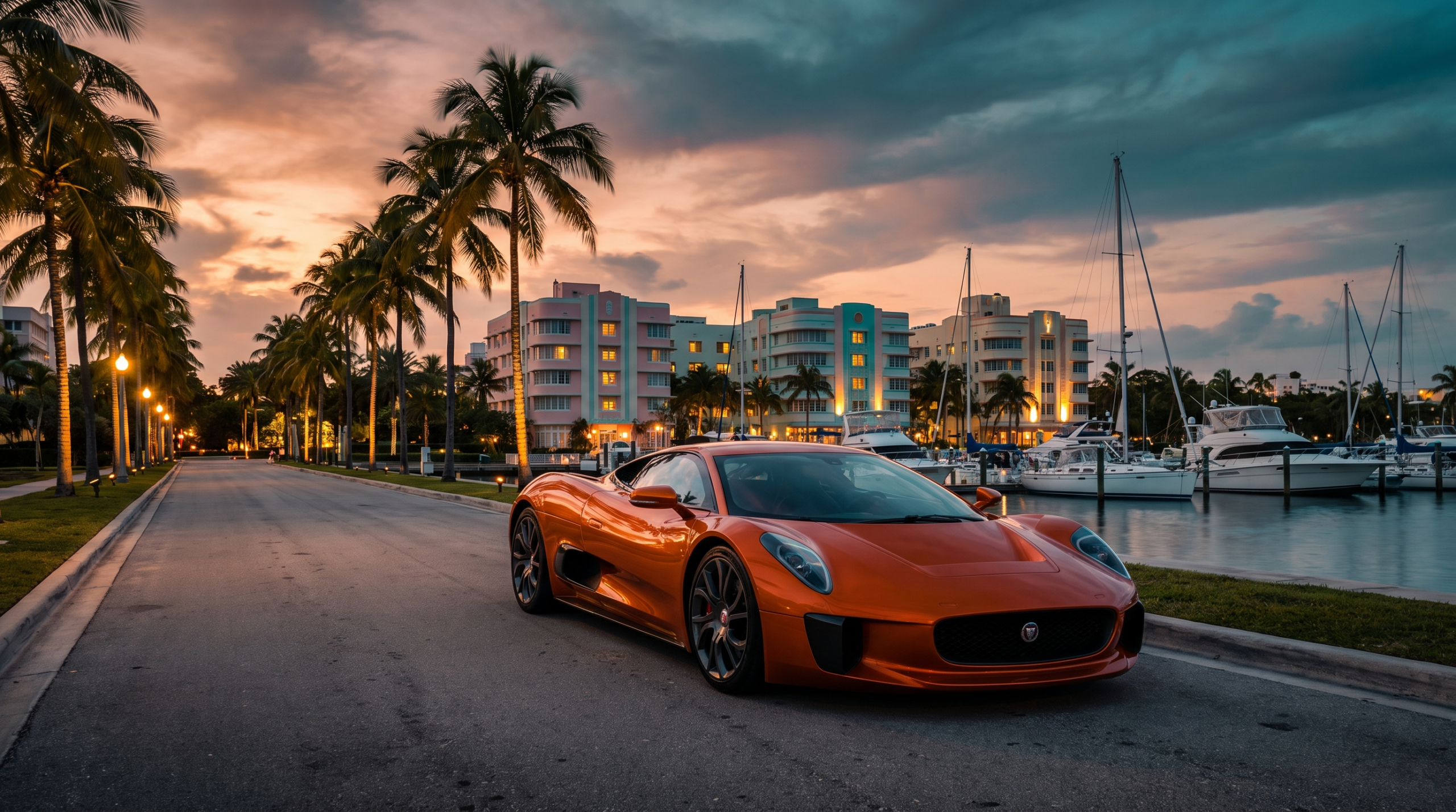 Orange supercar parked on a palm-lined waterfront causeway at dusk