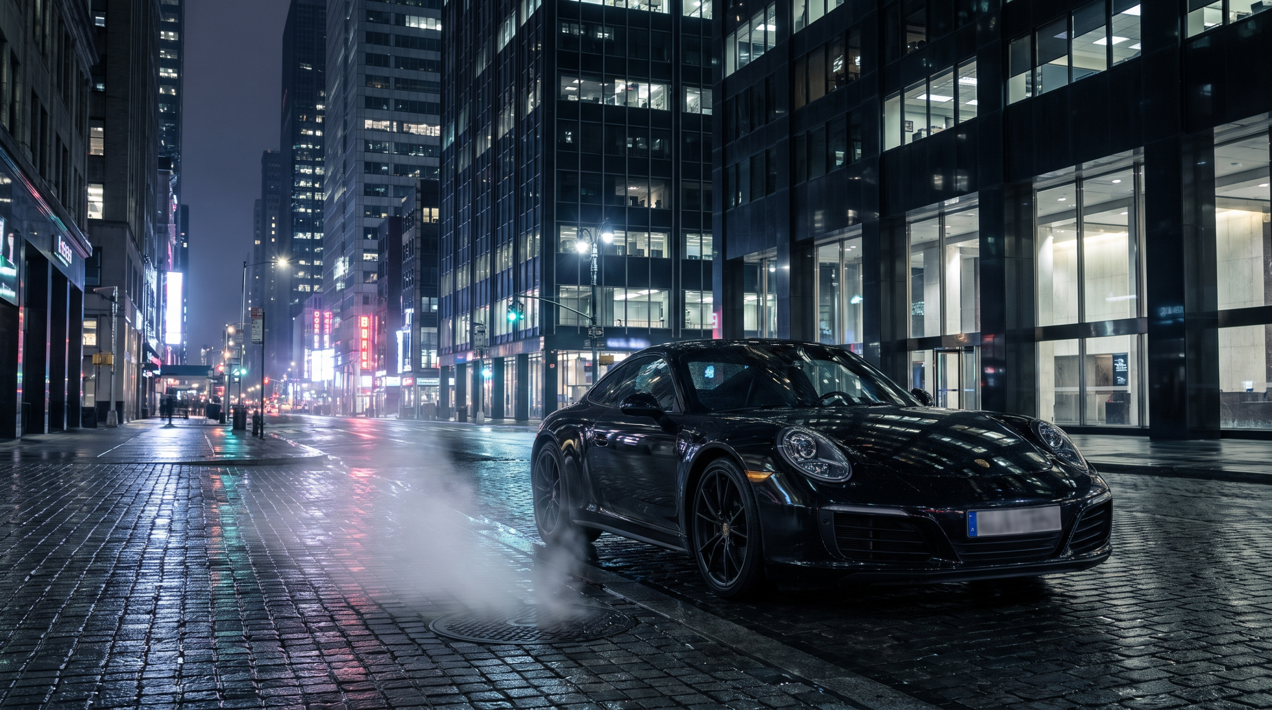 Black supercar on a wet city street at night between tall buildings