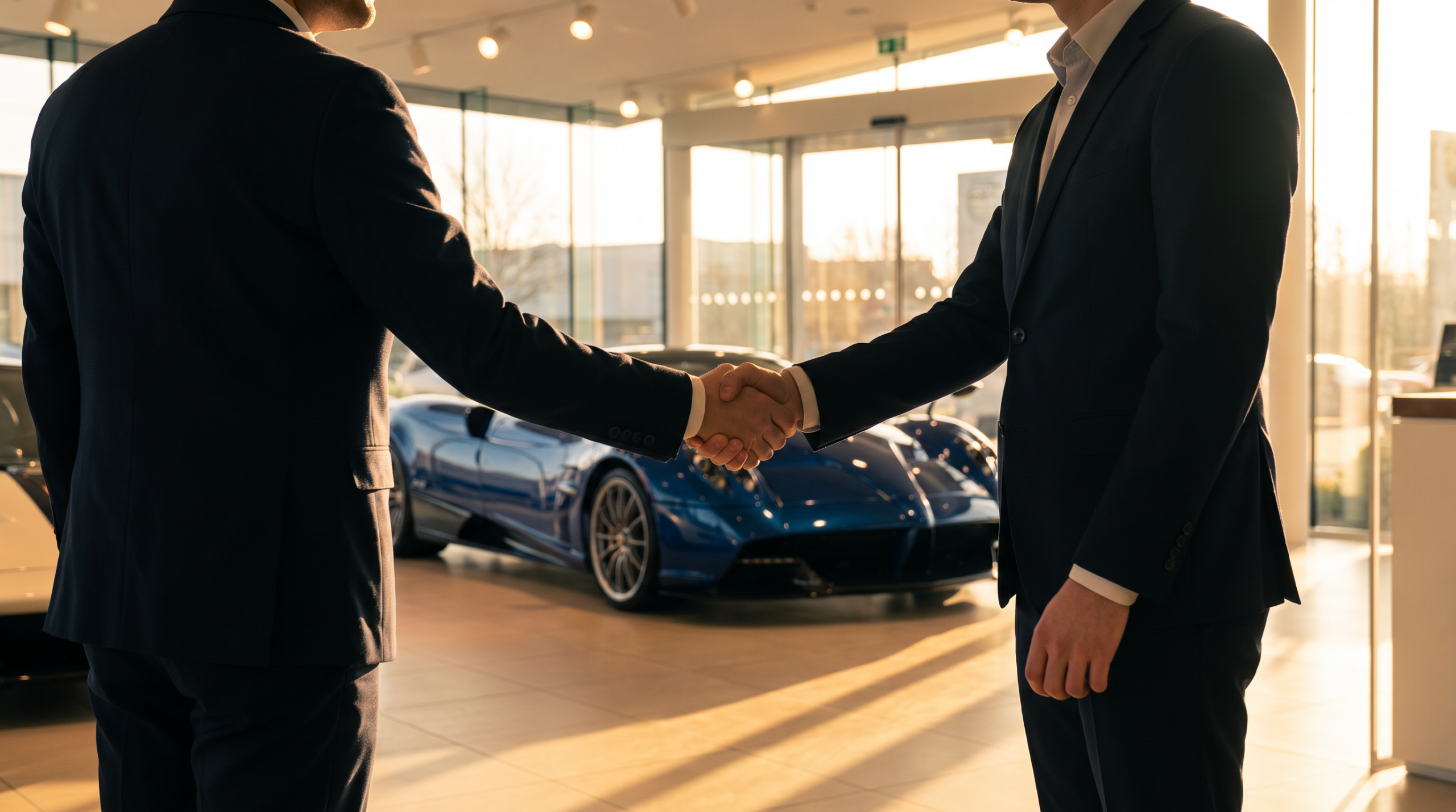 Deal complete at an exotic car dealership — illustrative rendering