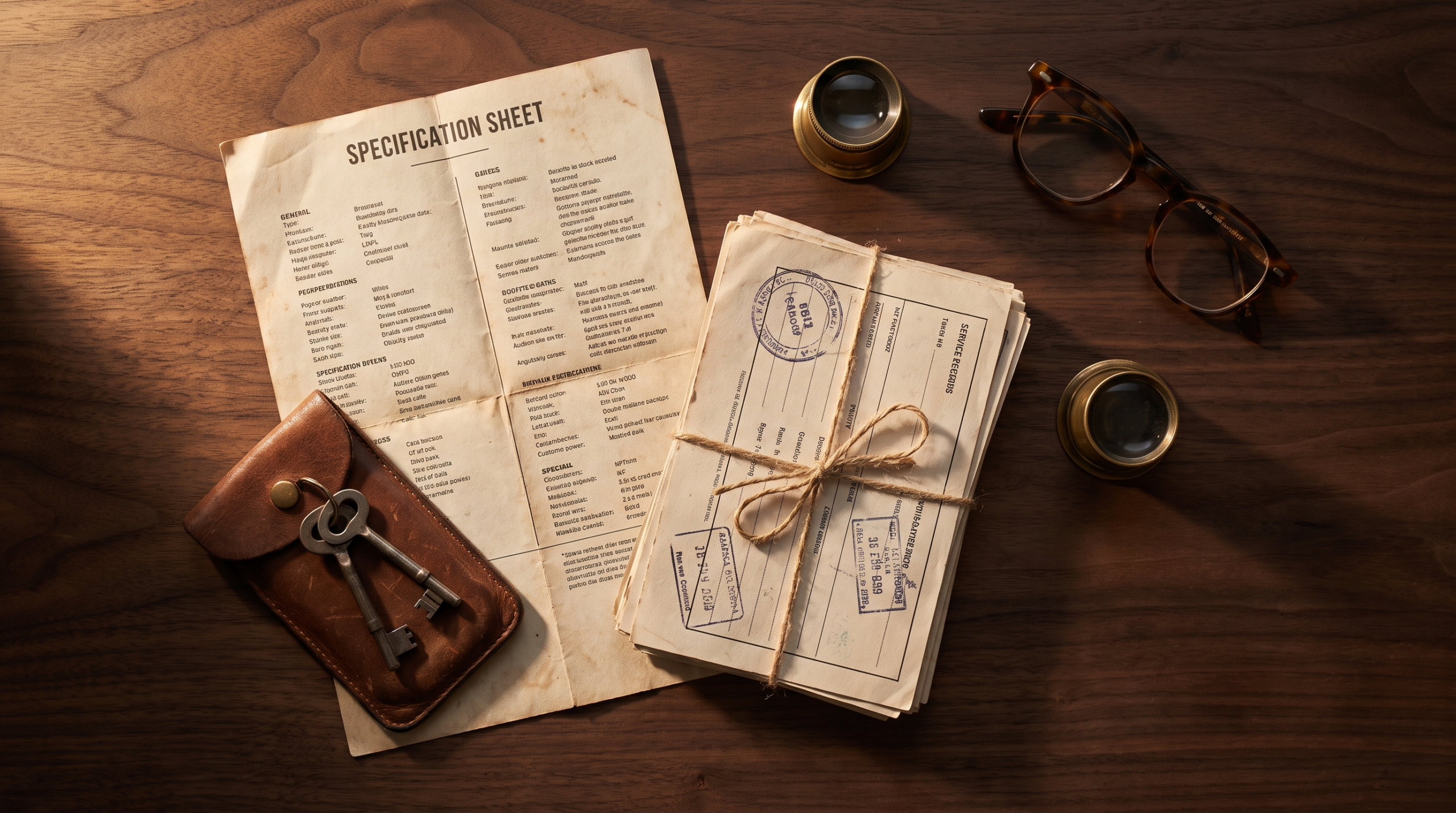 Vehicle paperwork, stamped service records and keys laid out on a desk before a purchase