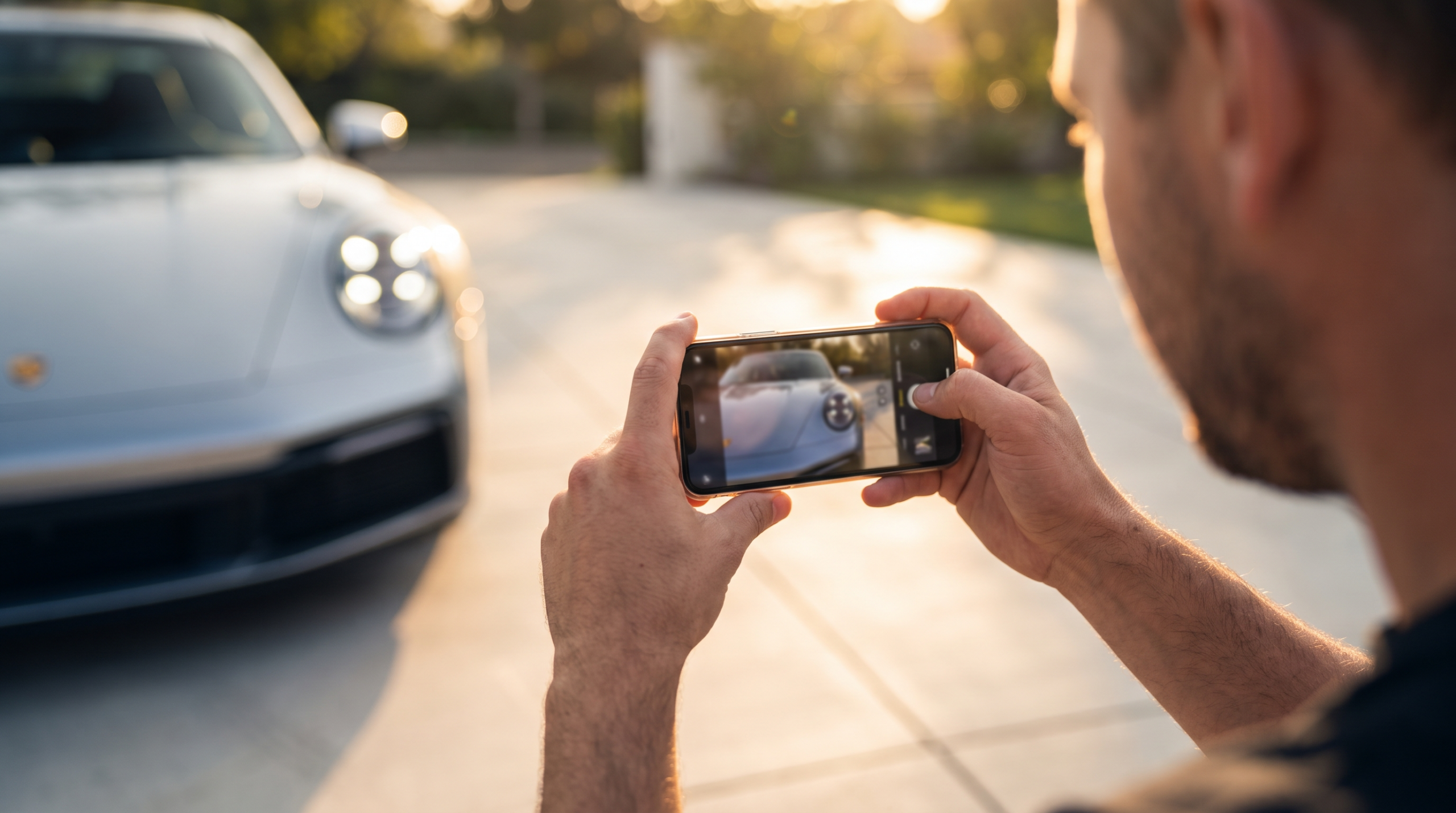 Hands holding a phone photographing a car to prepare a marketplace listing