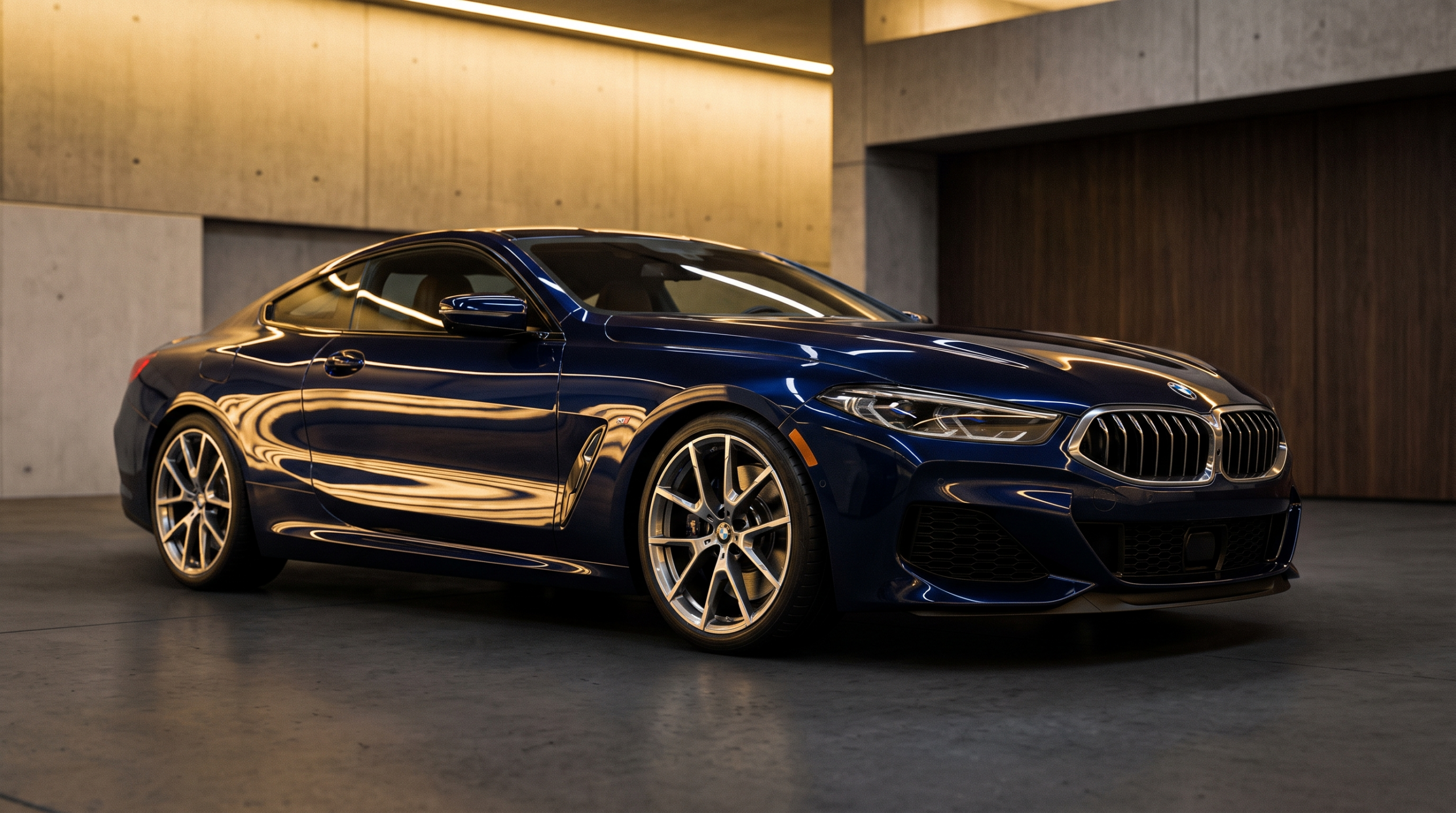 Modern luxury grand touring coupe photographed under showroom lighting