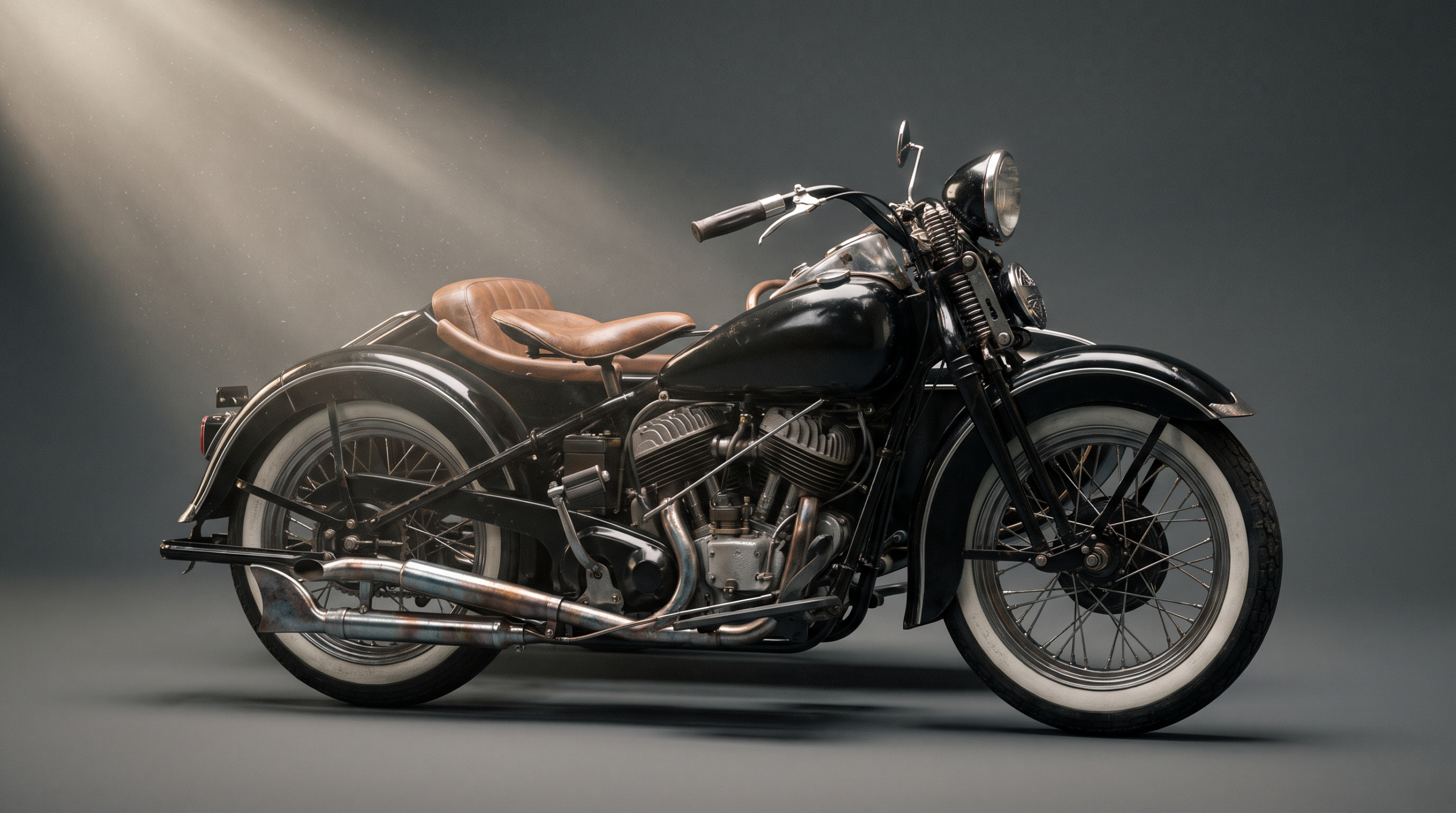 Pre-war motorcycle with a sidecar, the kind of collector machine listed alongside modern supercars