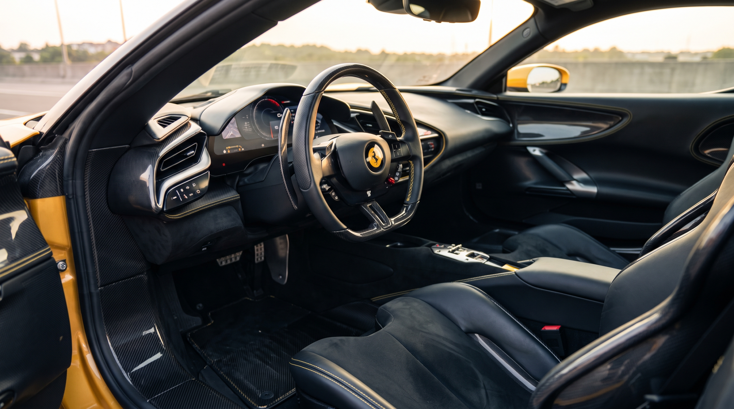 Ferrari 849 Testarossa cockpit with carbon steering wheel and digital instrument display