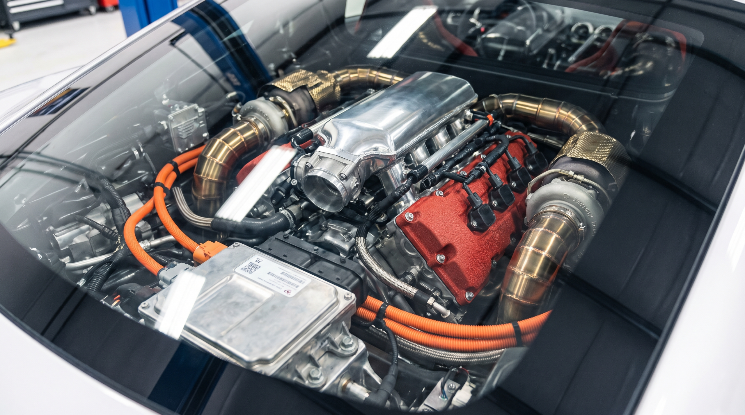 Ferrari 849 Testarossa hybrid powertrain showing the twin-turbo V8 and high-voltage cabling