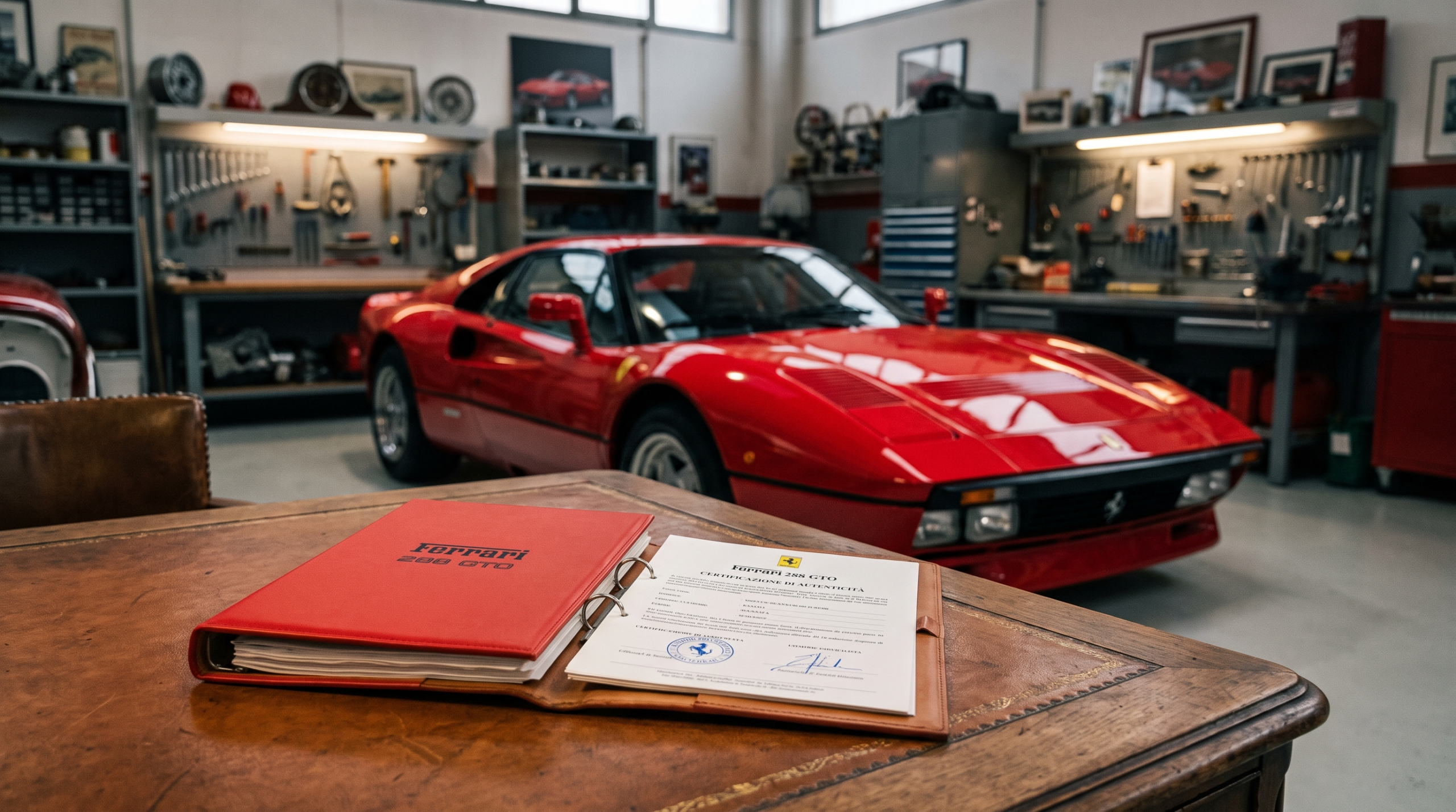 Ferrari Classiche certification binder and stamped factory records with a Ferrari 288 GTO — collector car documentation at its most valuable