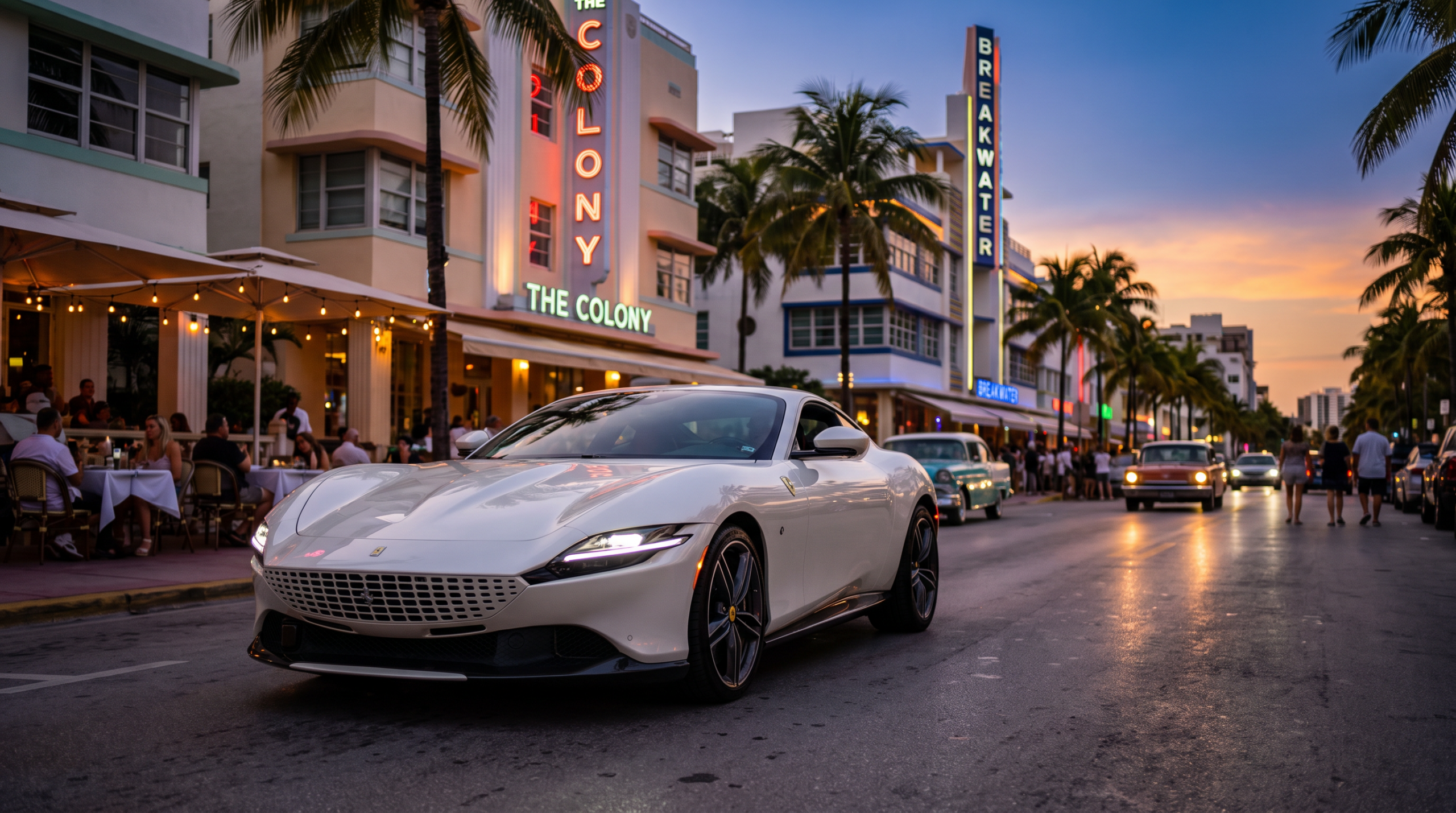 A sports car on Ocean Drive at dusk — the natural habitat of the best supercars for South Florida