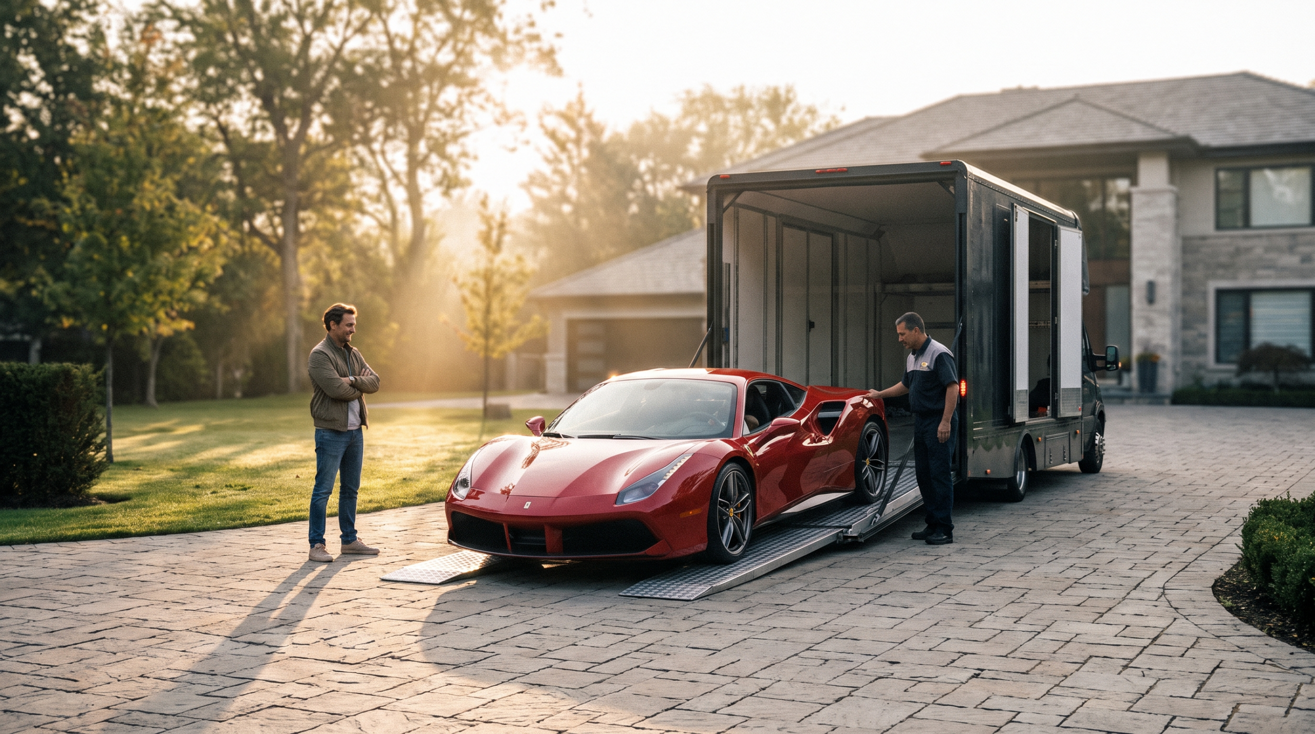 First-time exotic car buyer taking delivery of a Ferrari from an enclosed transporter