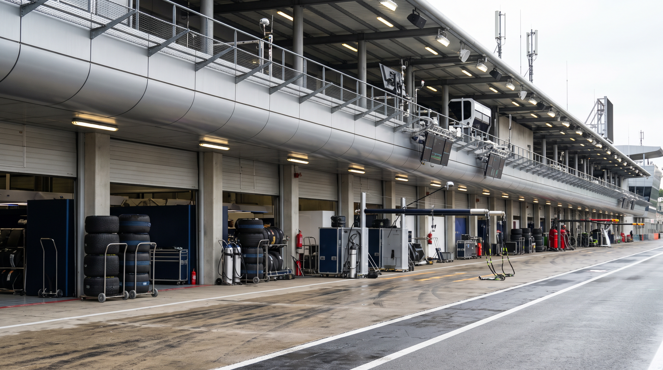 Formula One pit lane during a session, where the modern era of Formula One history is run