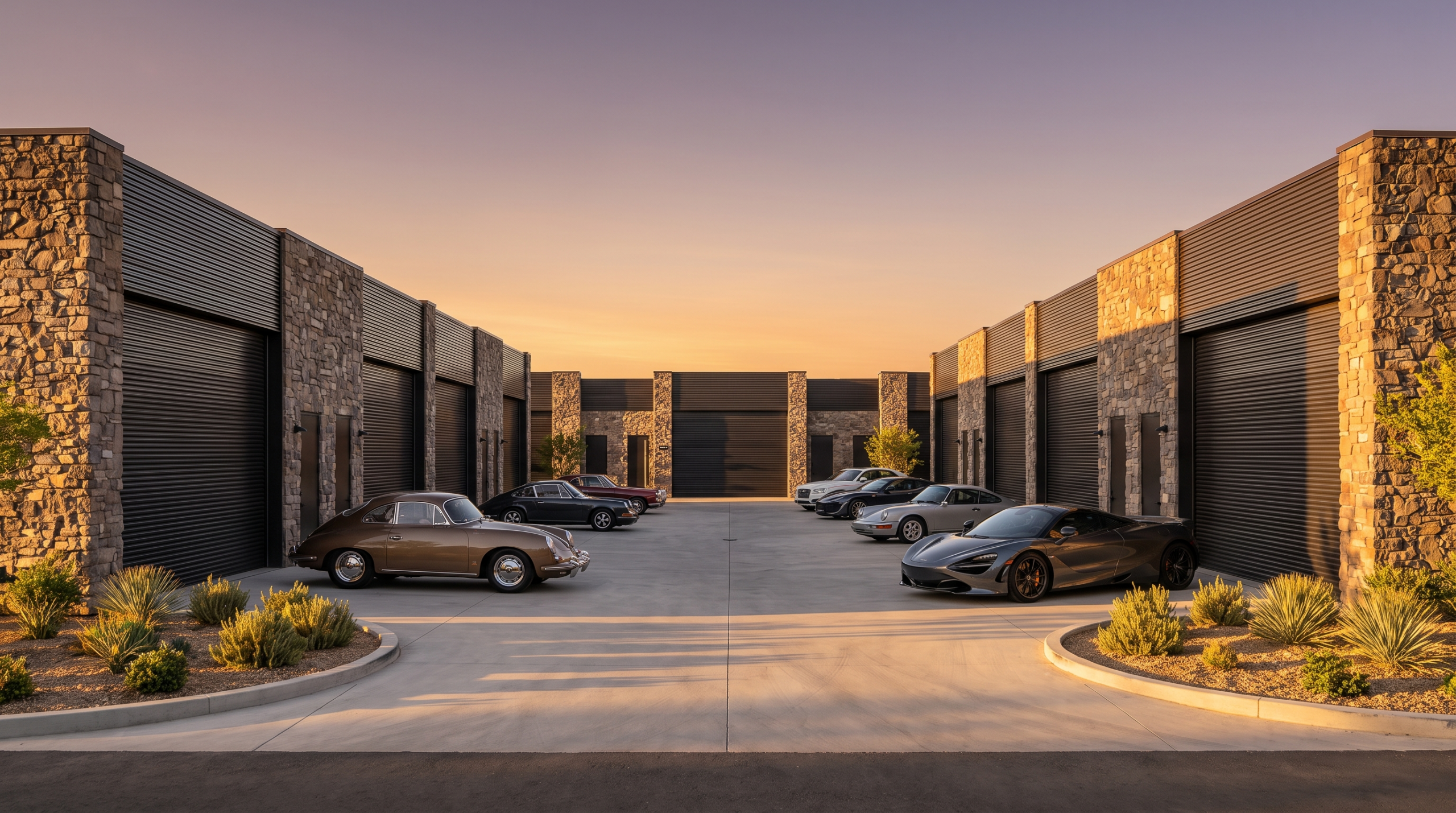 Garage condo motor club community — illustrative rendering of the attainable side of luxury car condos