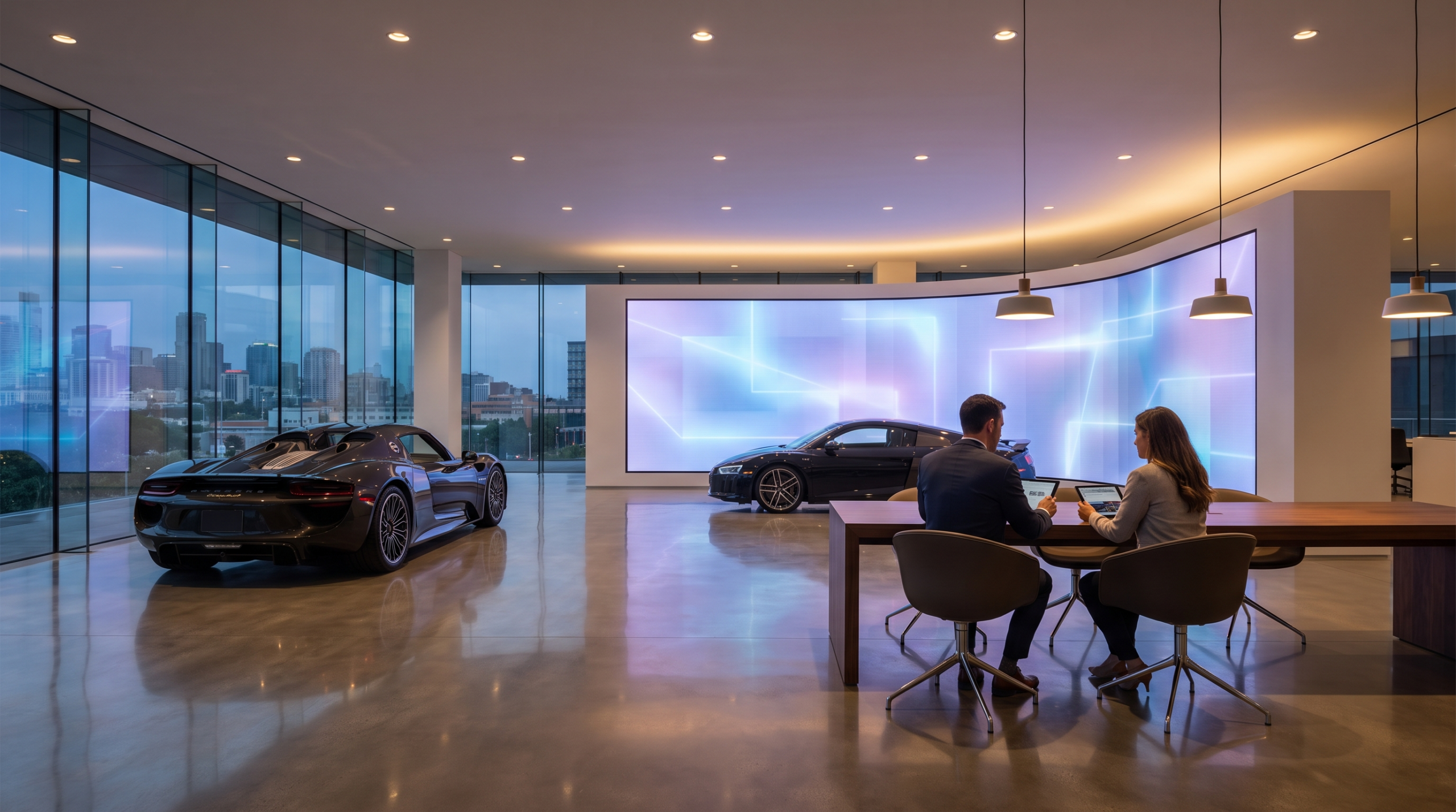 Hybrid luxury dealership blending exotic cars online and in person — illustrative rendering