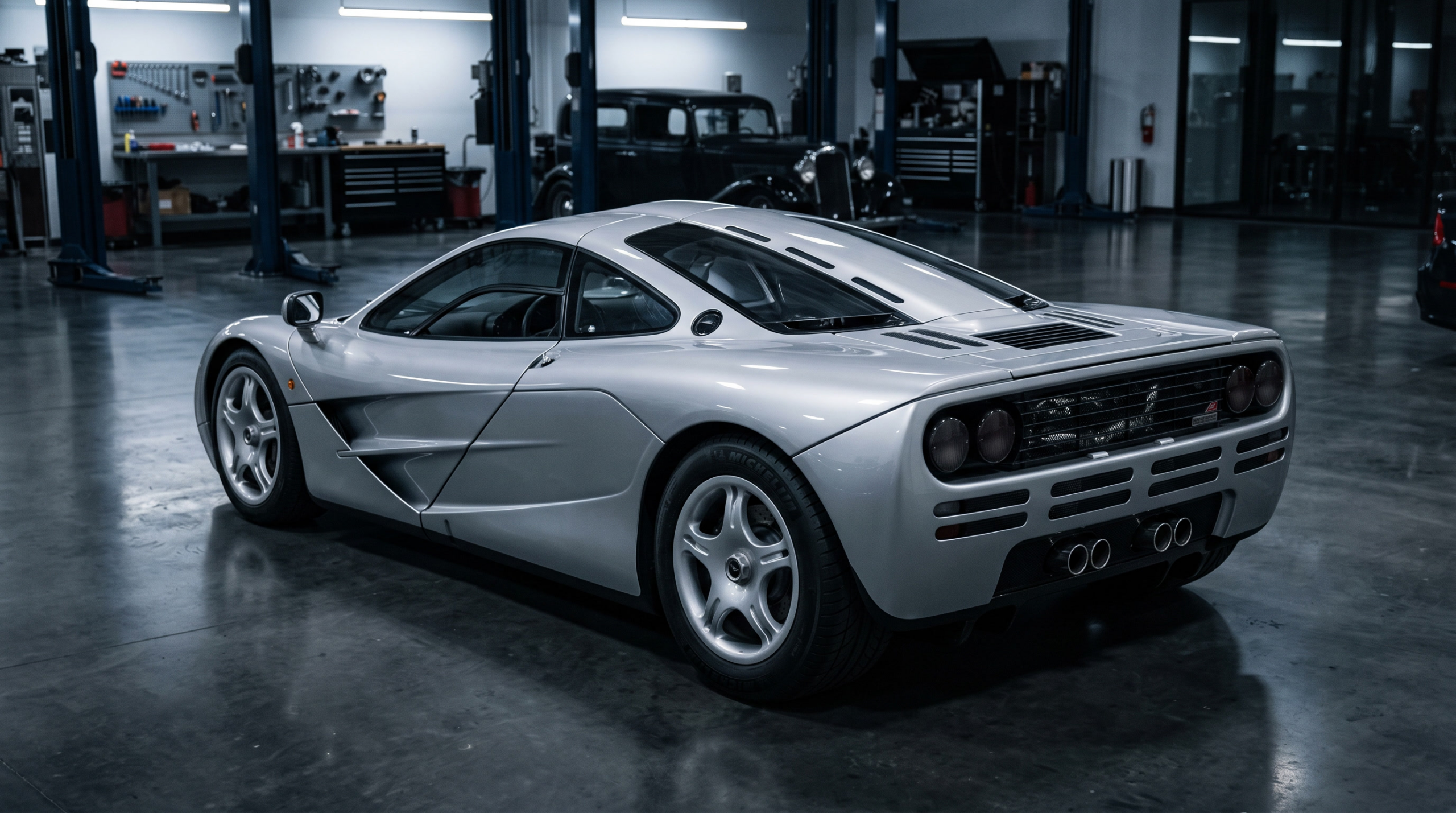 Smooth 1990s three-seat supercar photographed from the rear in a workshop