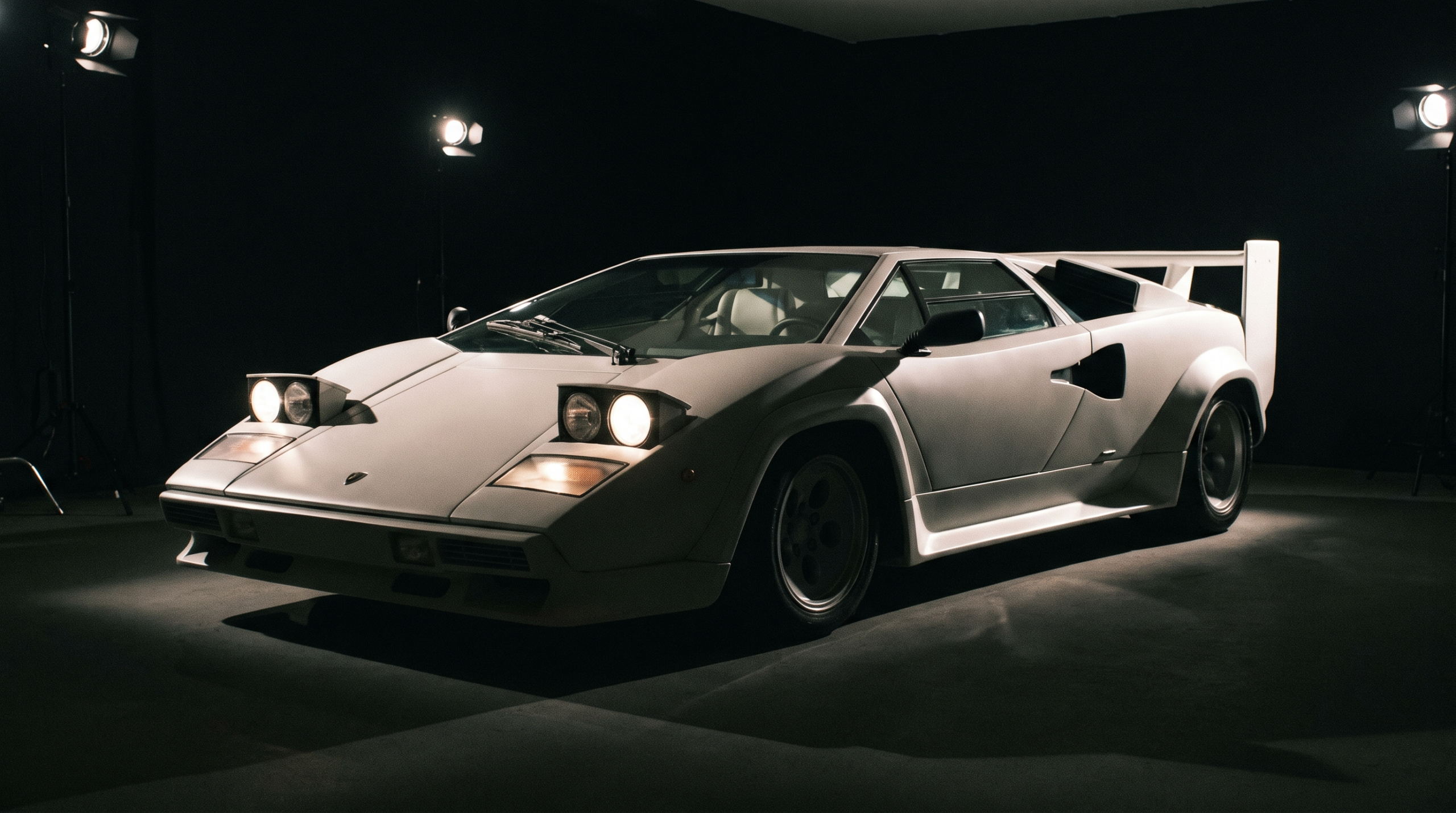 Angular white 1980s wedge supercar with pop-up headlights and a rear wing