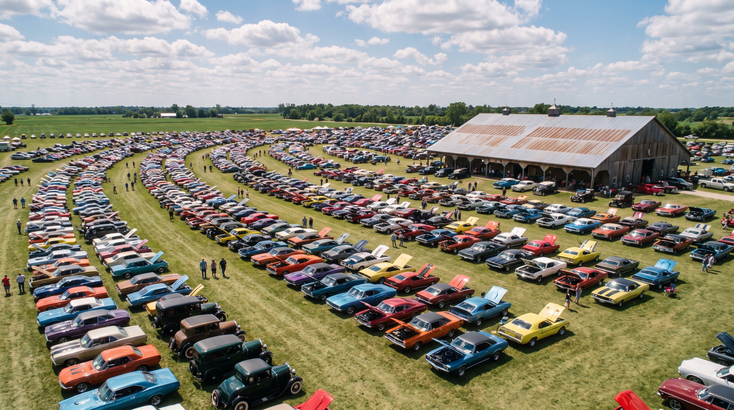 Hundreds of classic American cars on a show field beside an event hall in Auburn, Indiana