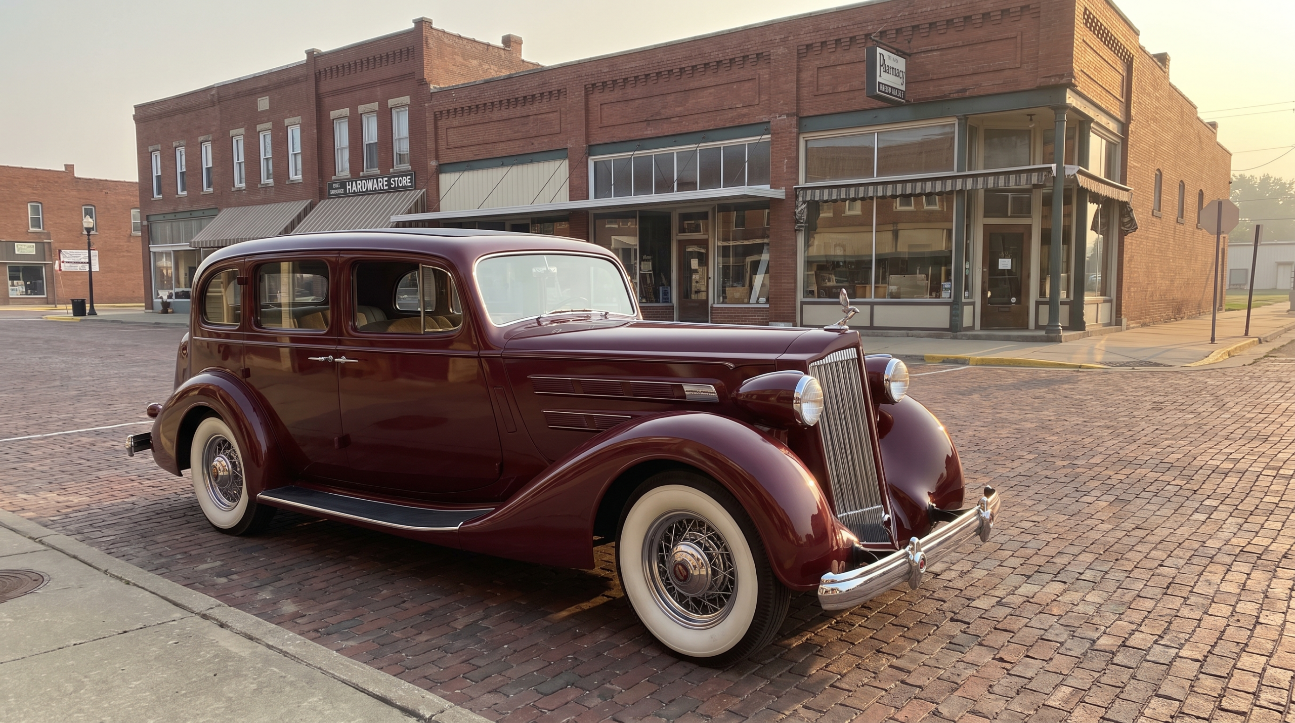 A 1930s American classic car on a small-town Midwestern street
