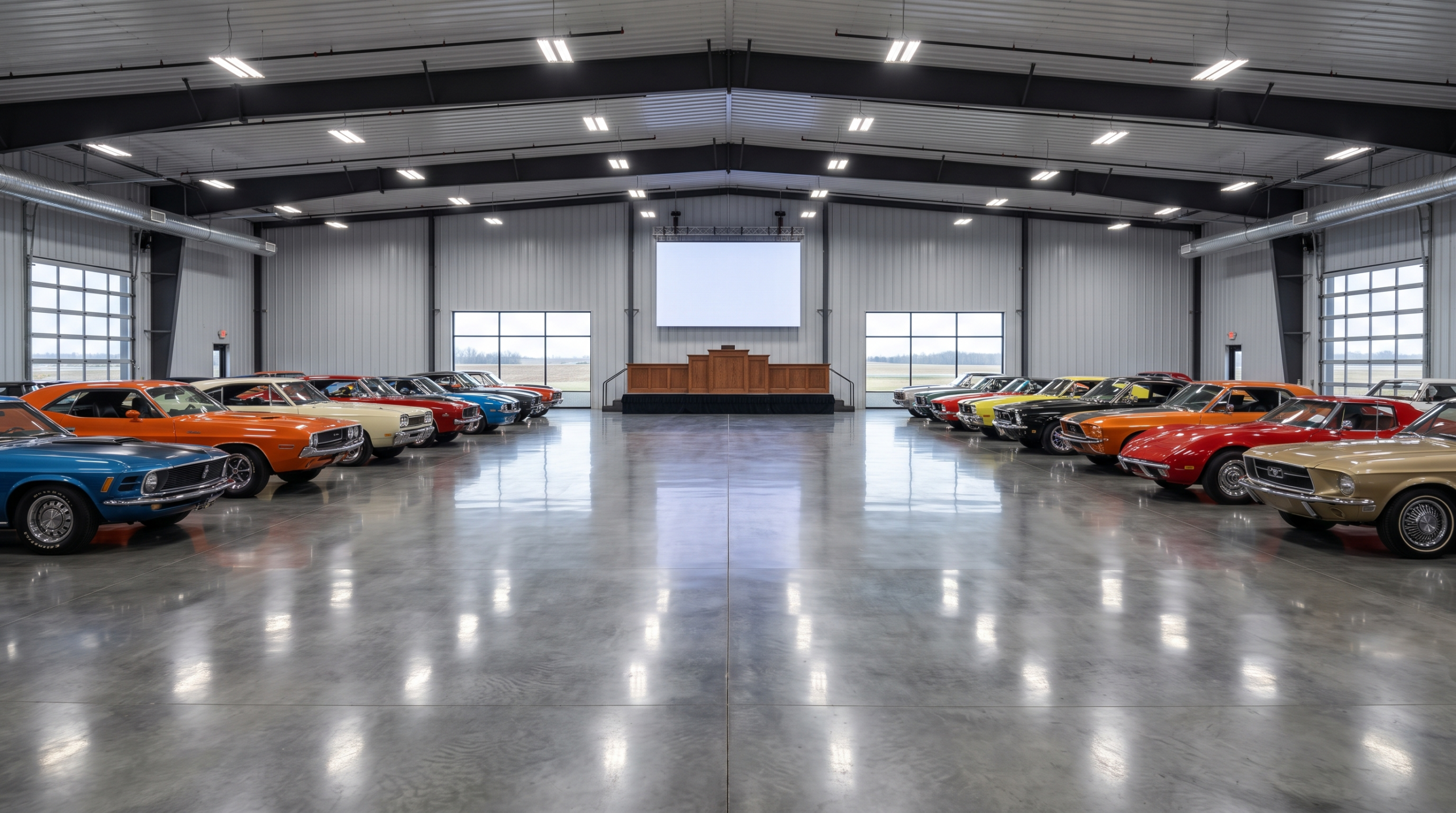 Interior of a large collector car auction facility in Auburn, Indiana