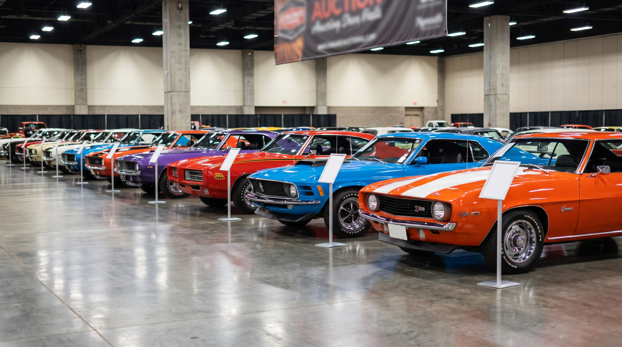 American muscle cars lined up in an auction preview hall at Kruse Auctions