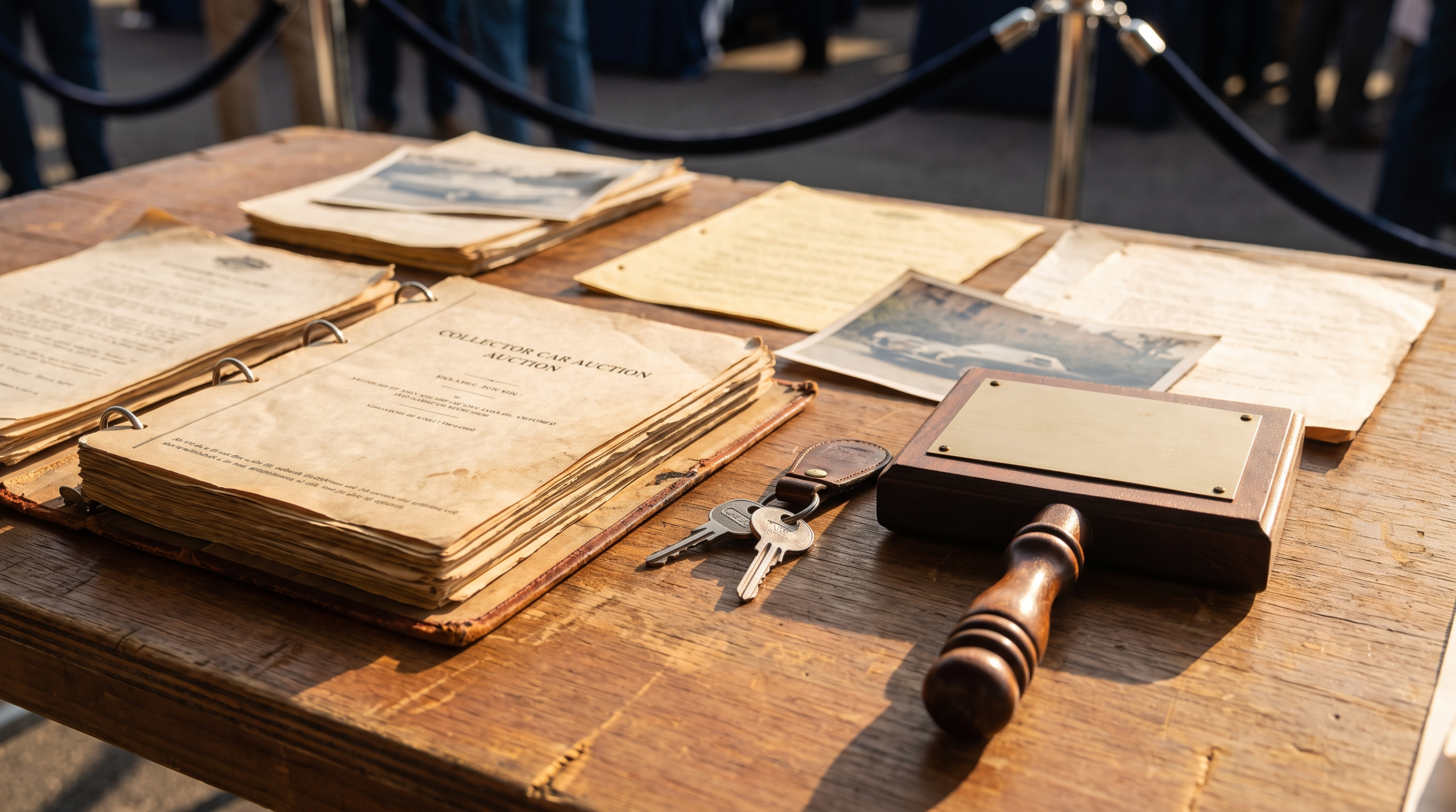 Collector car provenance documents and keys laid out on a table