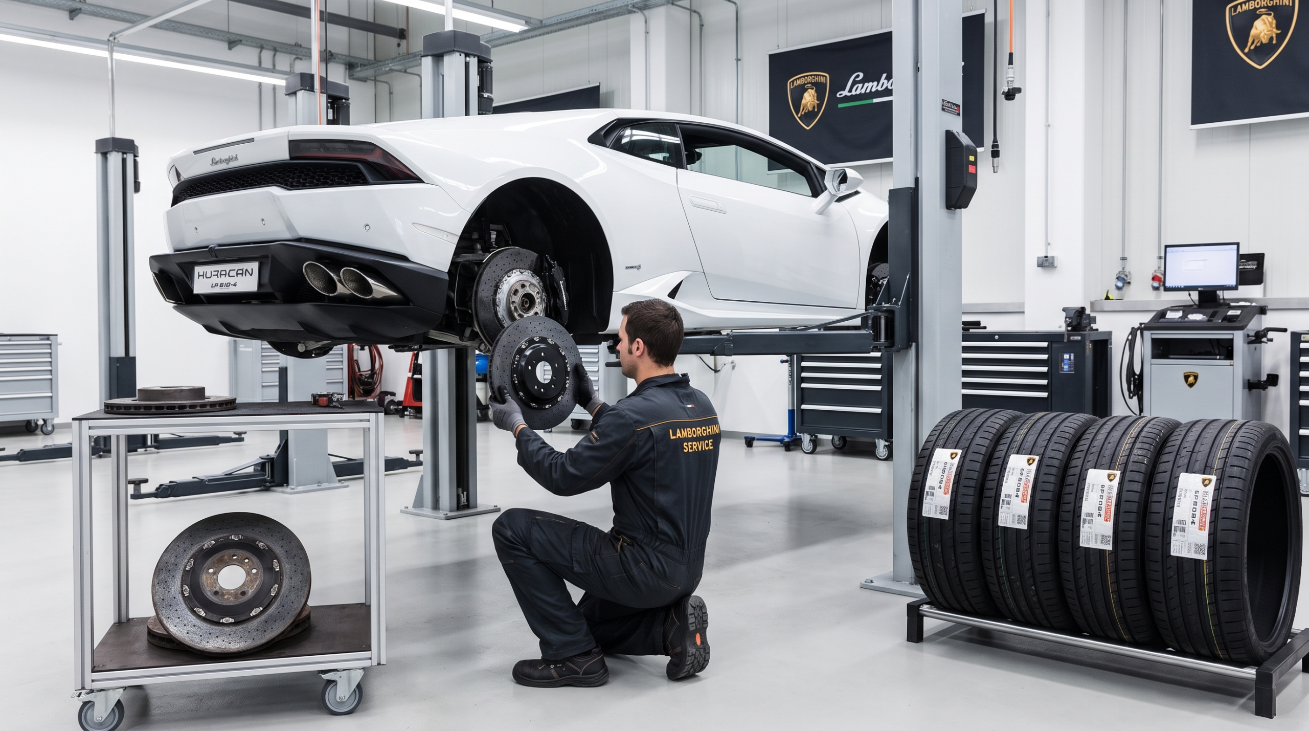 Huracán brake and tire service on a lift — where the cost to own a Lamborghini Huracán spikes fastest