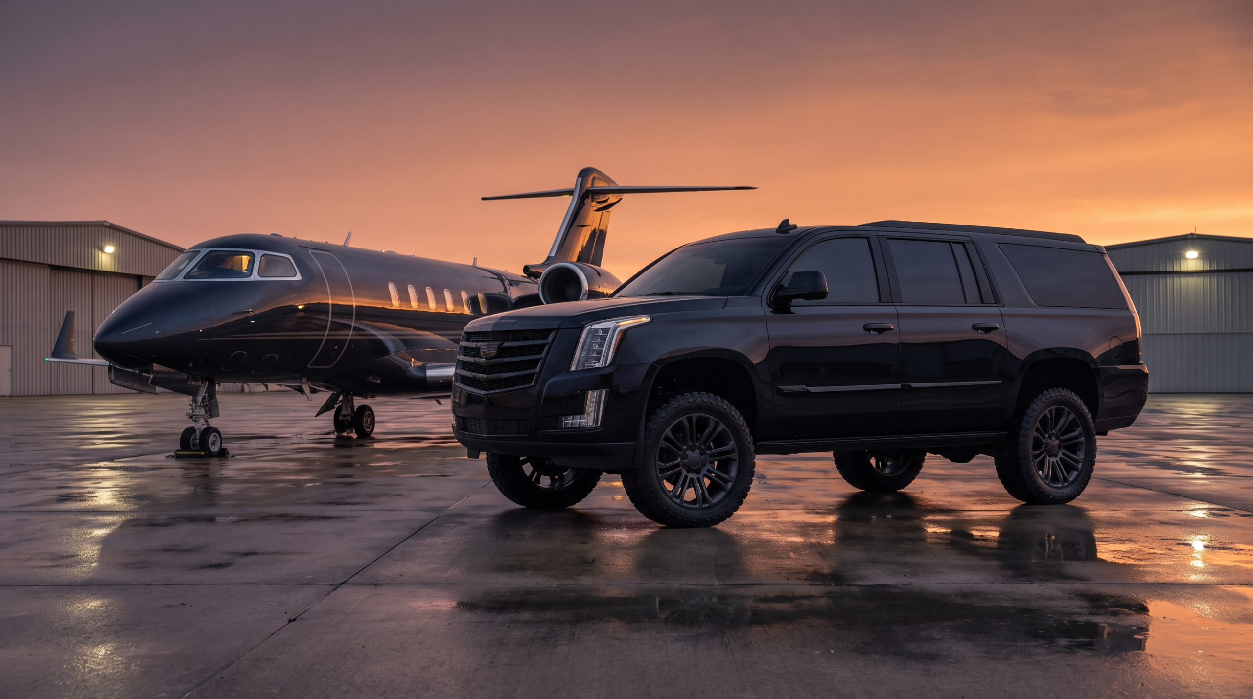 Full-size armored luxury SUV of the type Lexani Motorcars builds, beside a business jet