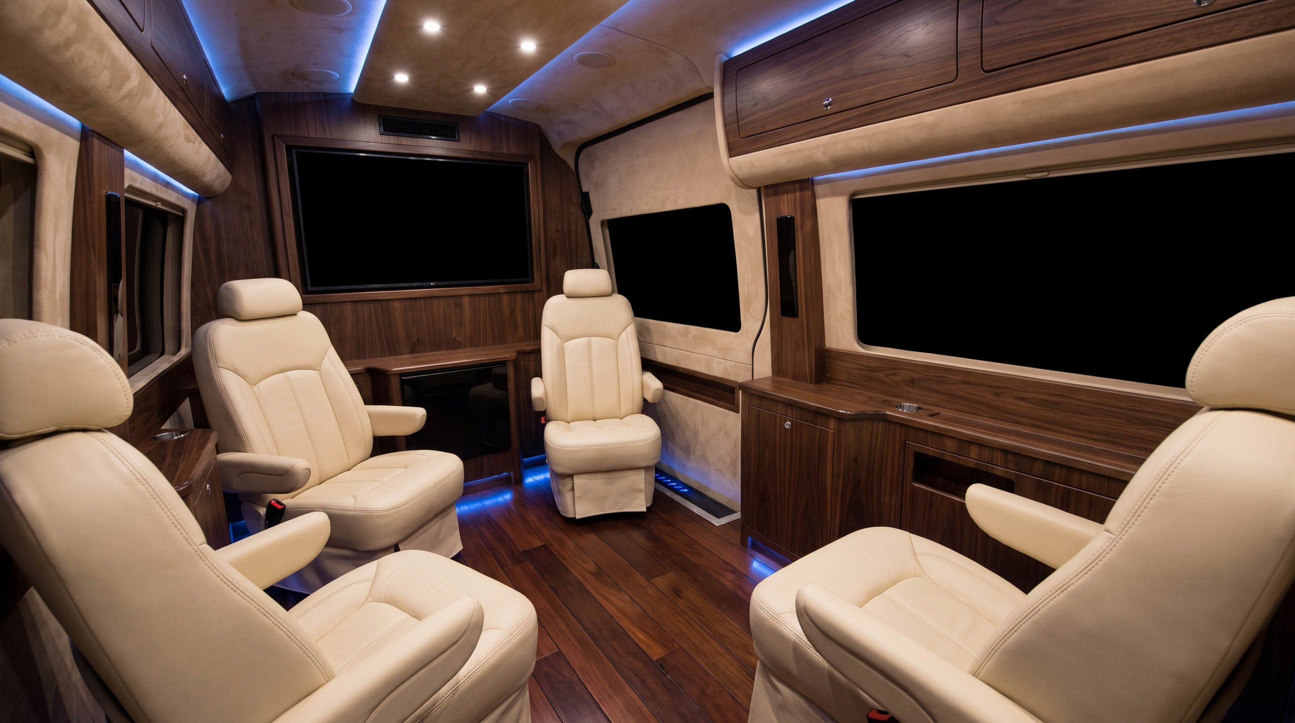 Executive van interior of the kind Lexani Motorcars builds, with leather captain chairs and wood trim