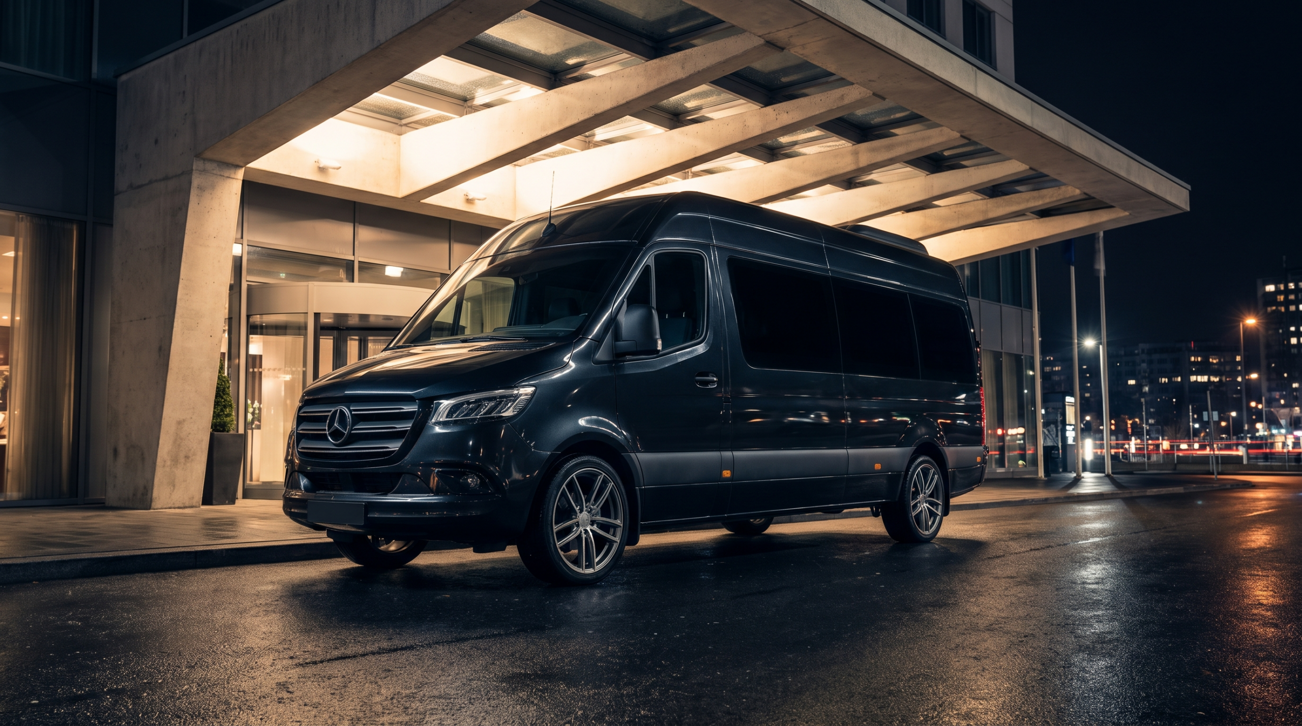 High-roof luxury van of the type Lexani Motorcars converts, outside a hotel at night