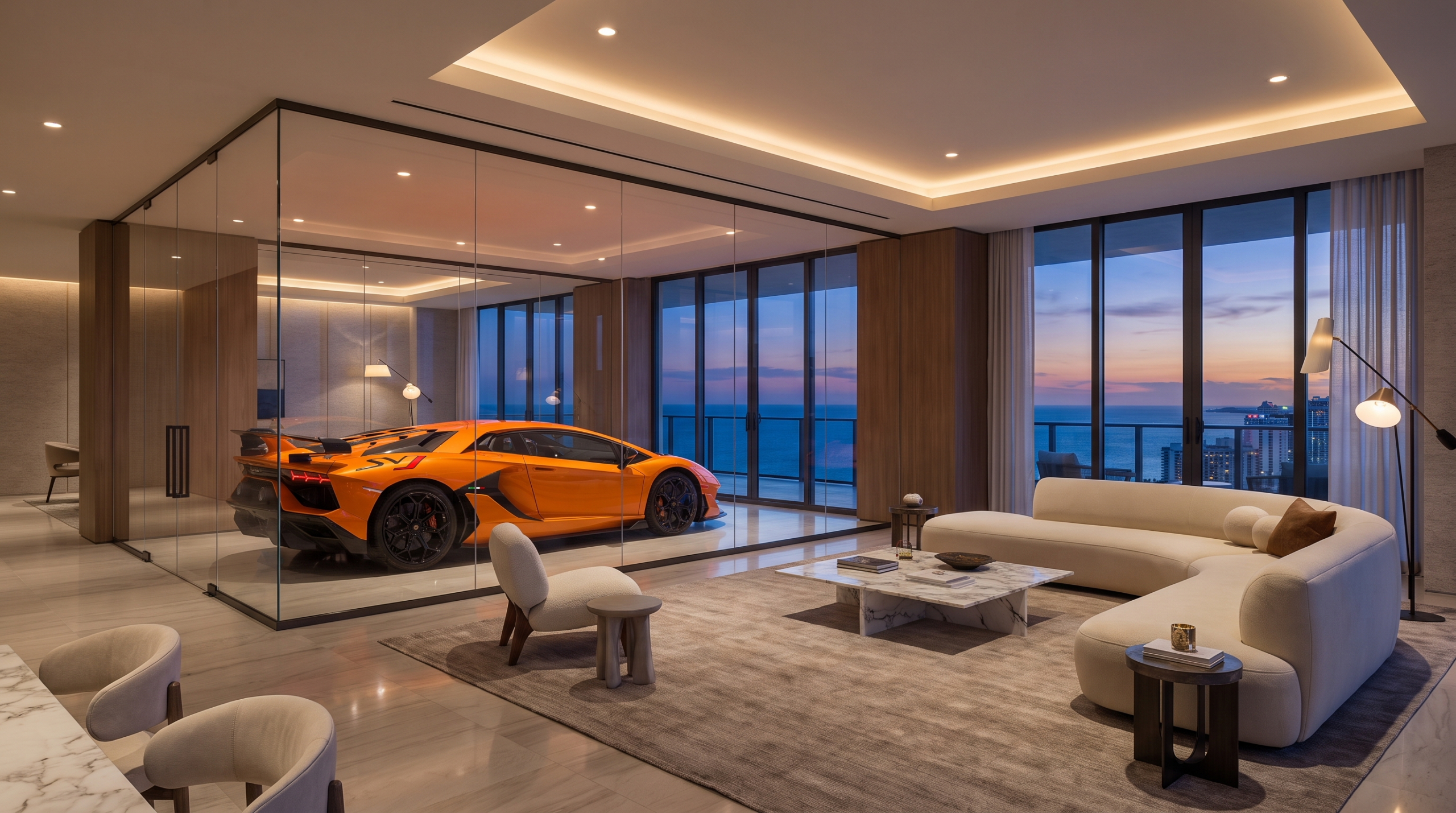 Luxury car condos sky garage — illustrative rendering of a supercar displayed beside the living room