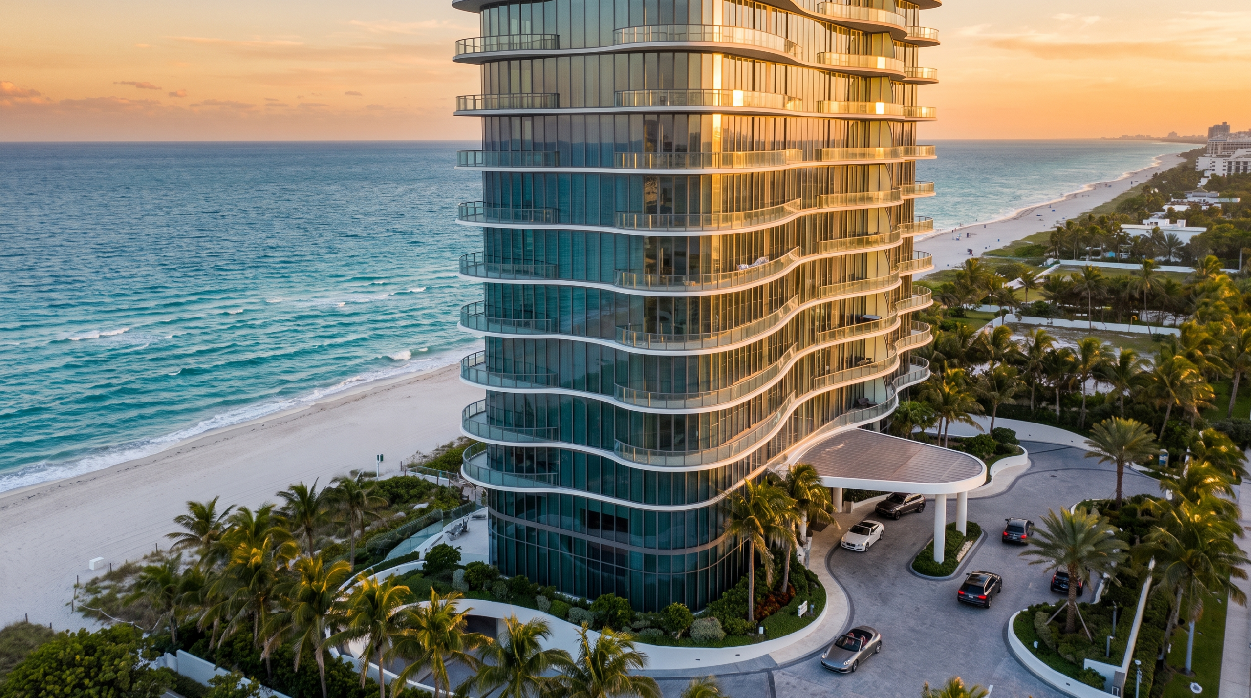 Luxury car condos on the Florida coast — illustrative rendering of a beachfront automotive residential tower