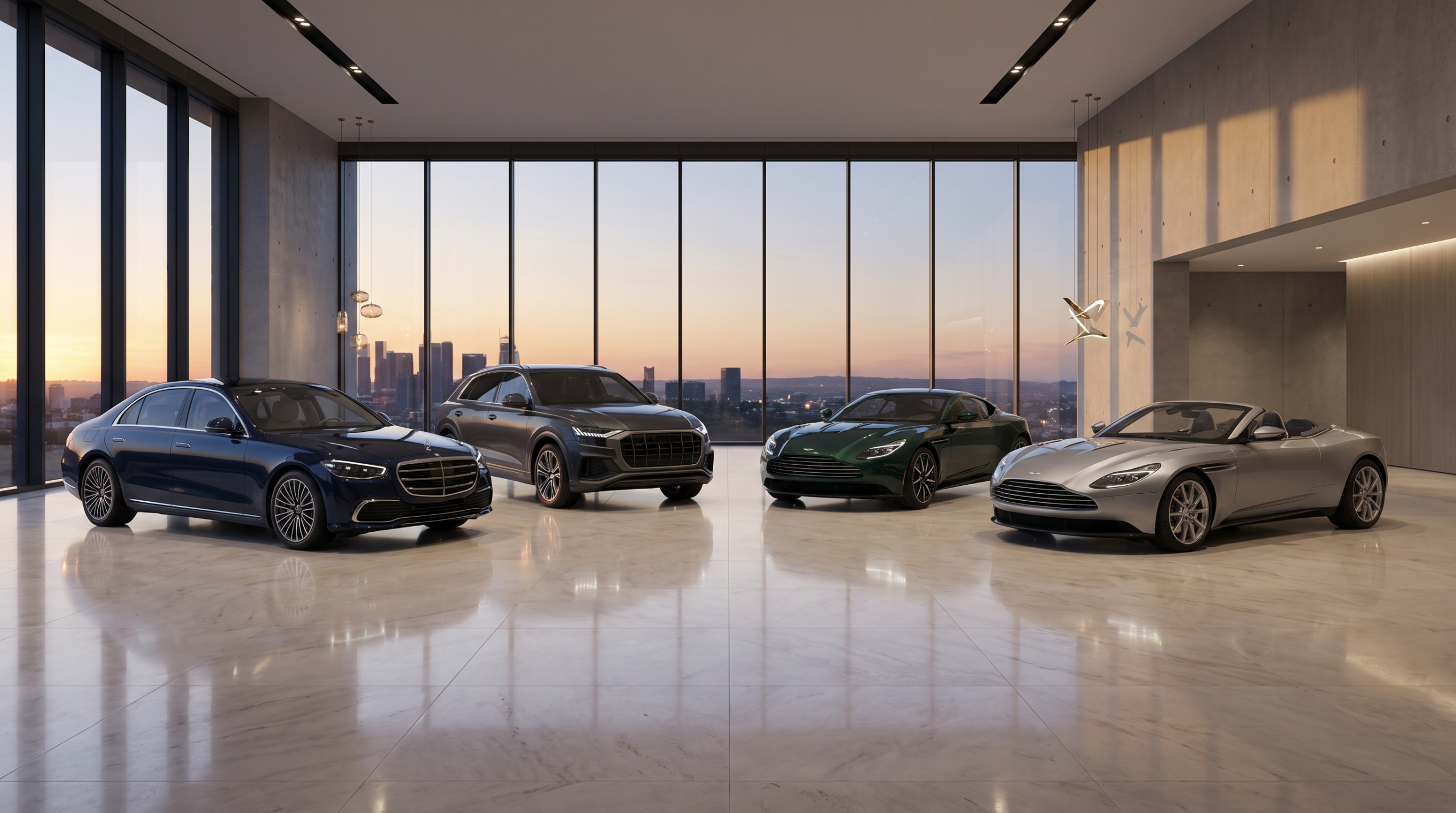 Showroom lineup of luxury cars from several segments