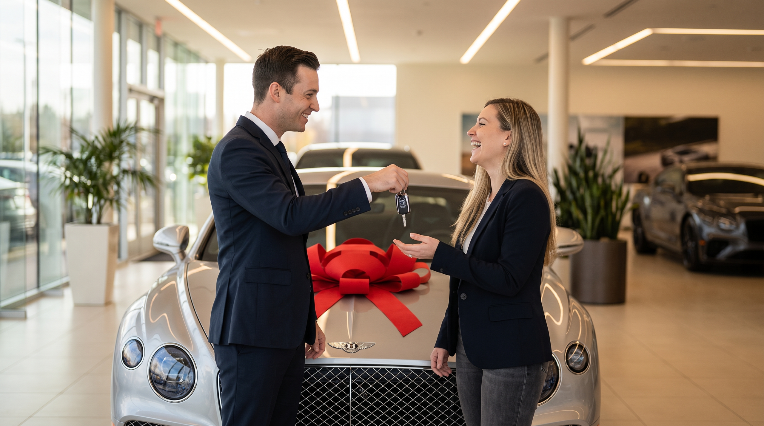 White-glove delivery experience at a luxury car dealership (illustrative)