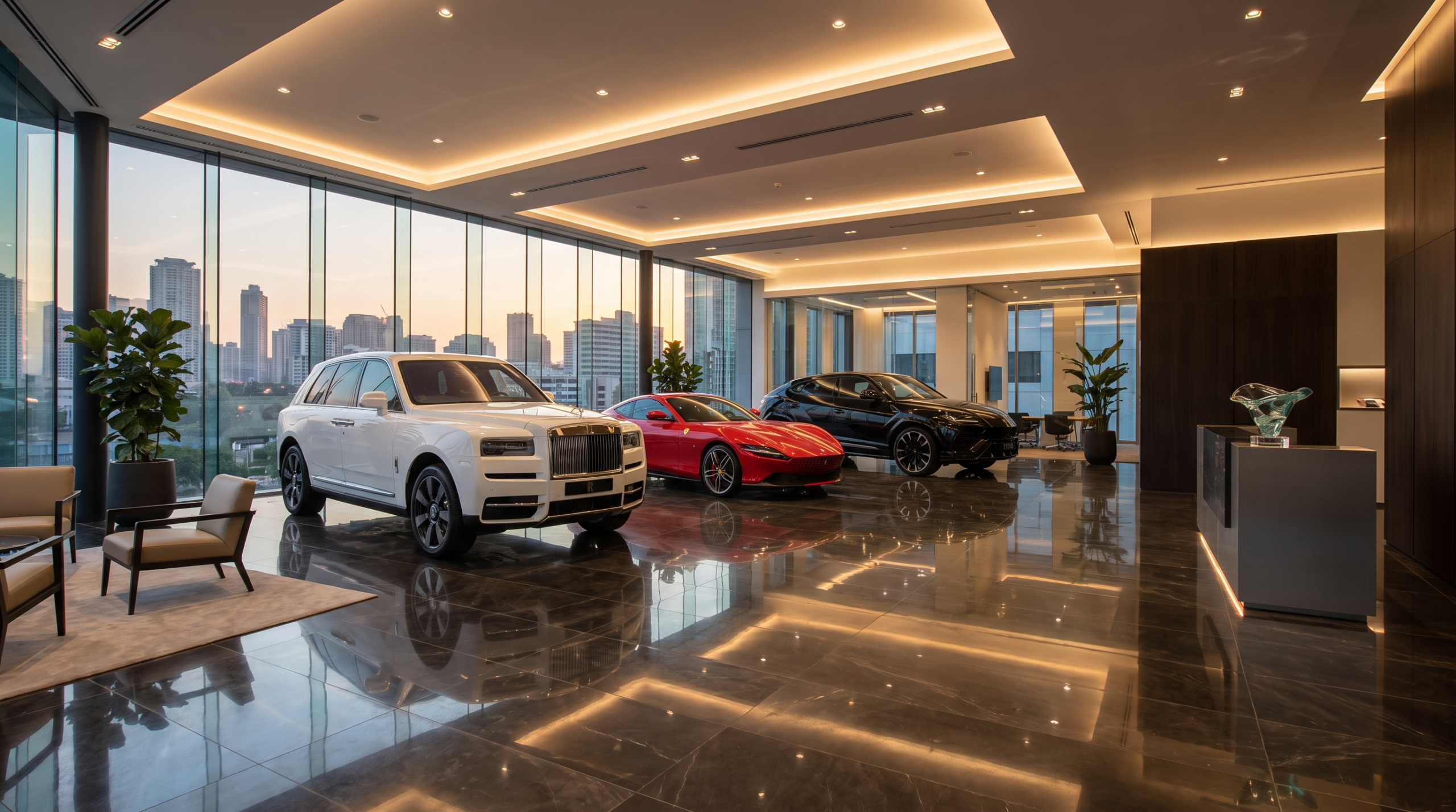 Luxury exotic dealership showroom with Rolls-Royce, Ferrari and Lamborghini inventory (illustrative)