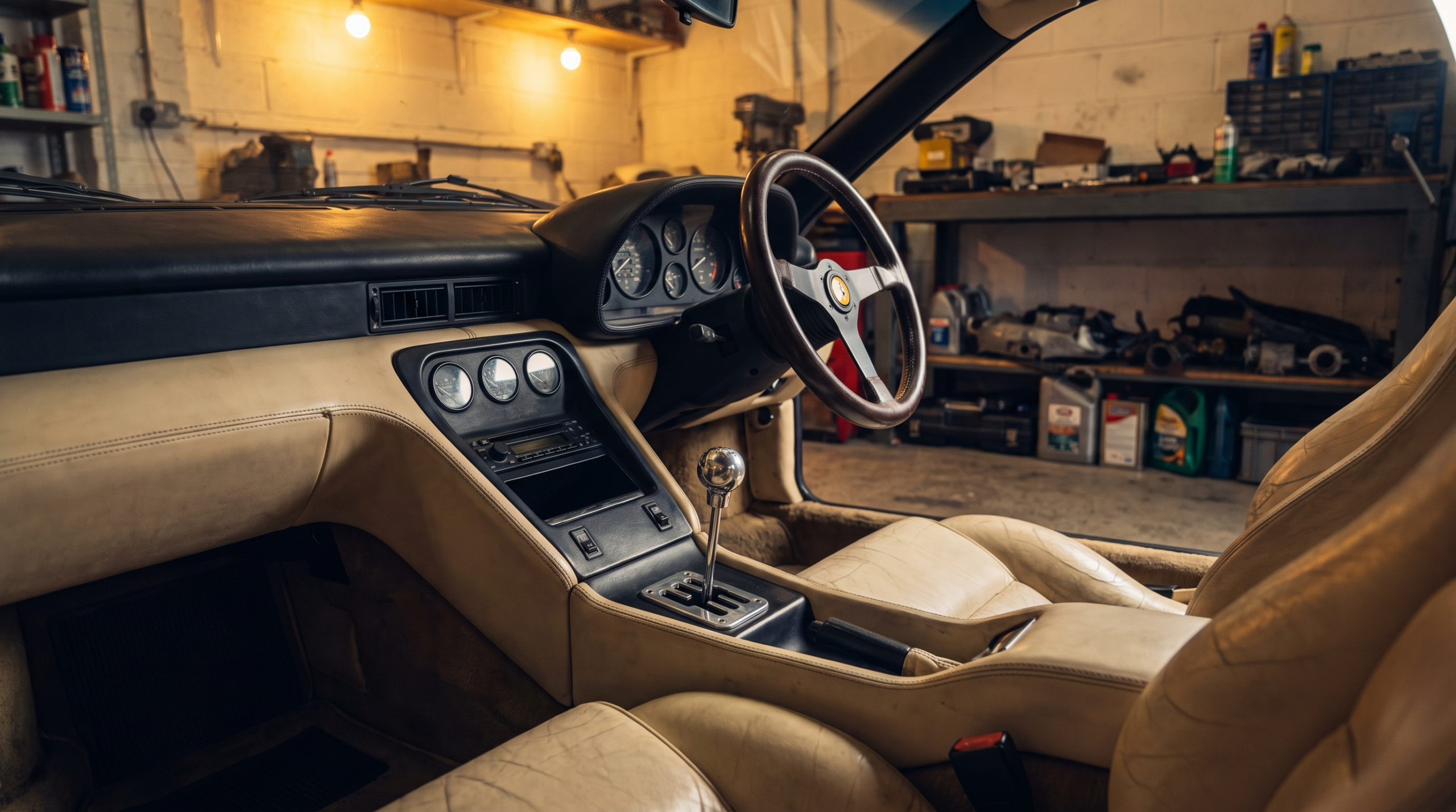 Interior of a 1990s Italian mid-engined supercar with an open-gate manual transmission