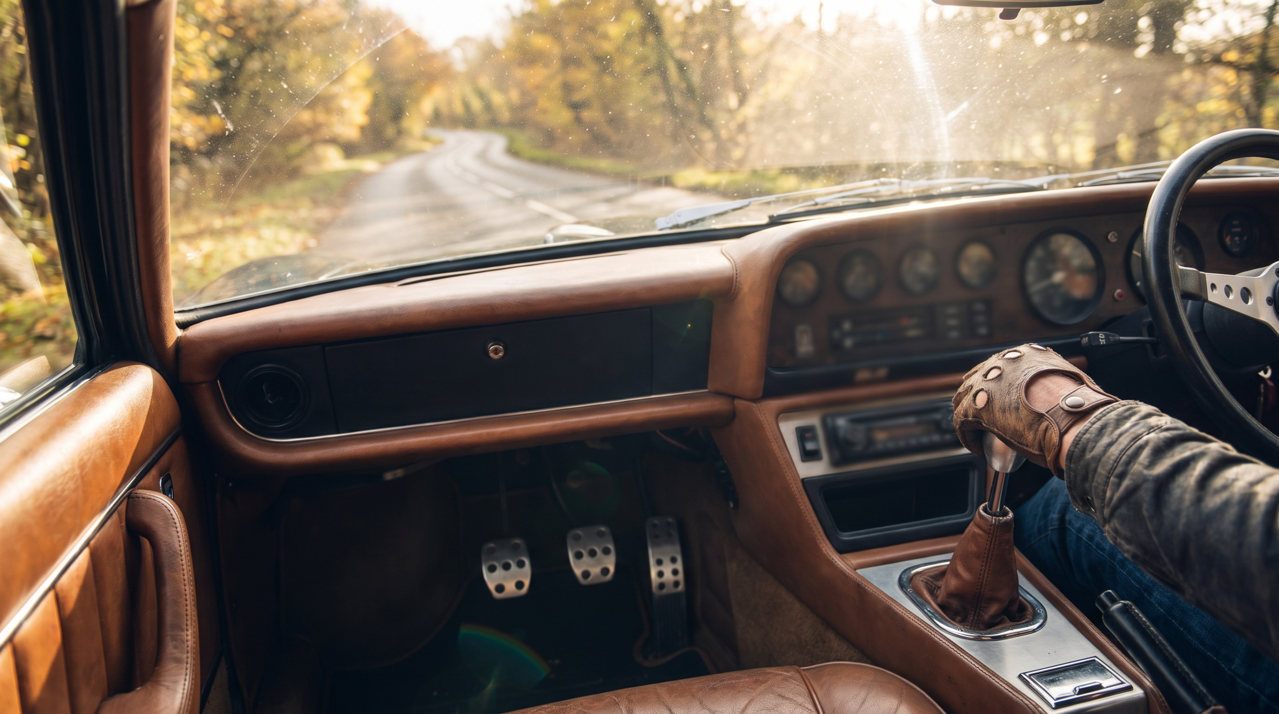 Driver point of view with a hand on a manual transmission lever and three pedals visible