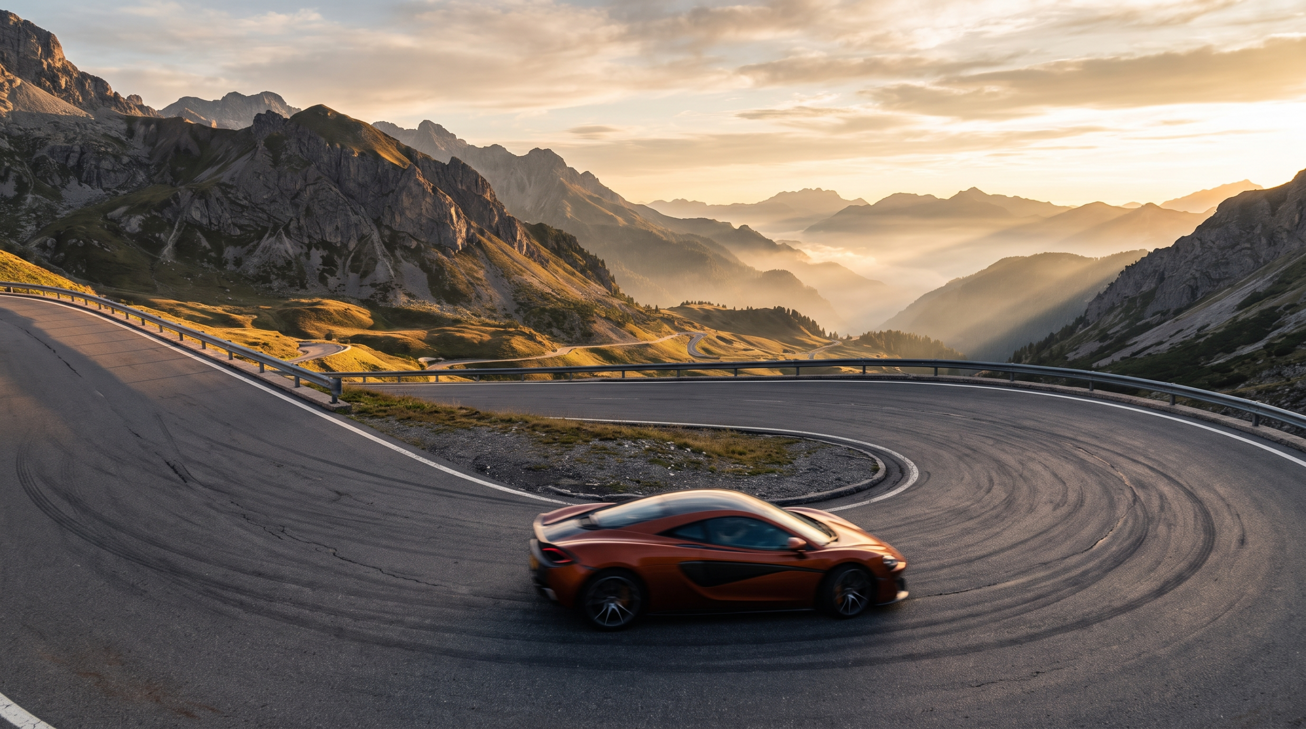 Sports car with a manual transmission on an empty mountain pass road at sunrise