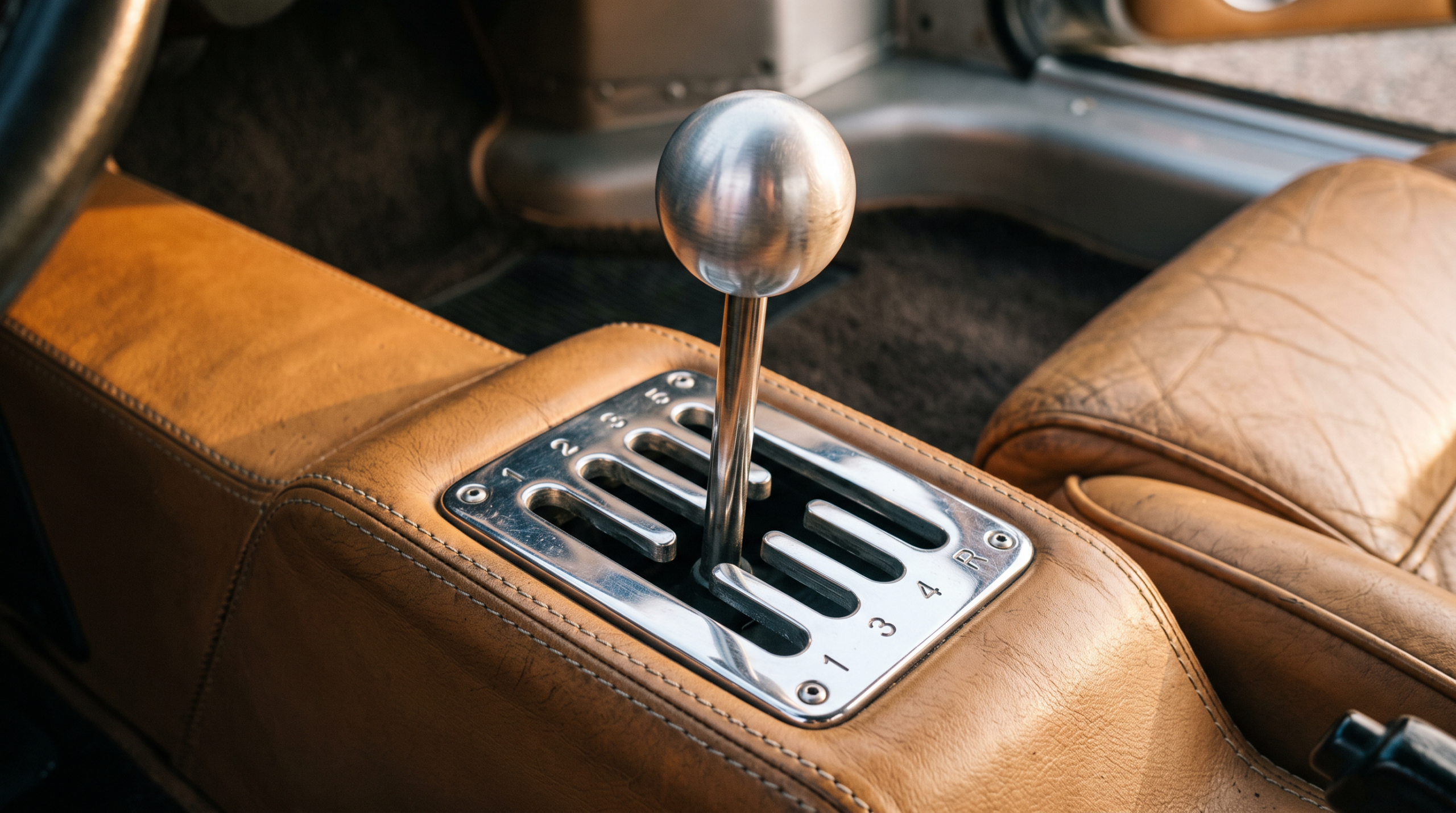 Close-up of a classic open-gate manual transmission shifter in a sports car