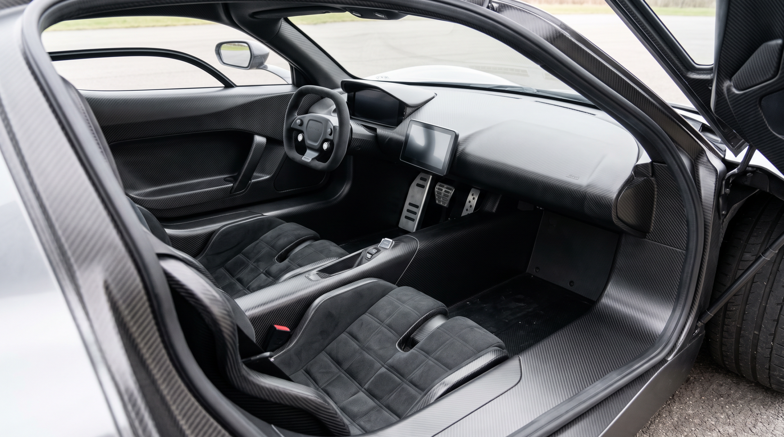 Stripped-back carbon cockpit of the McLaren W1 concept, fixed seats and a two-button steering wheel