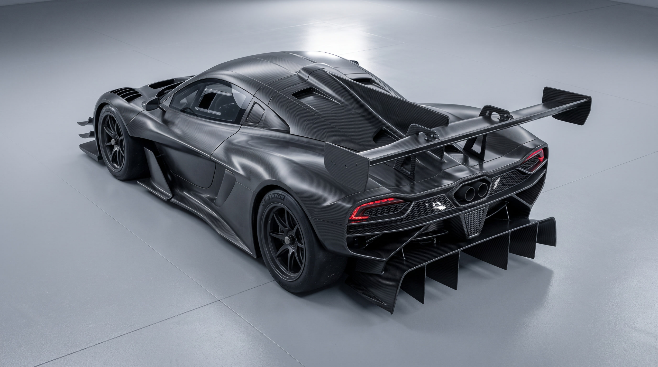Rear overhead view of the McLaren W1 aerodynamic concept: multi-fence diffuser and deployed wing